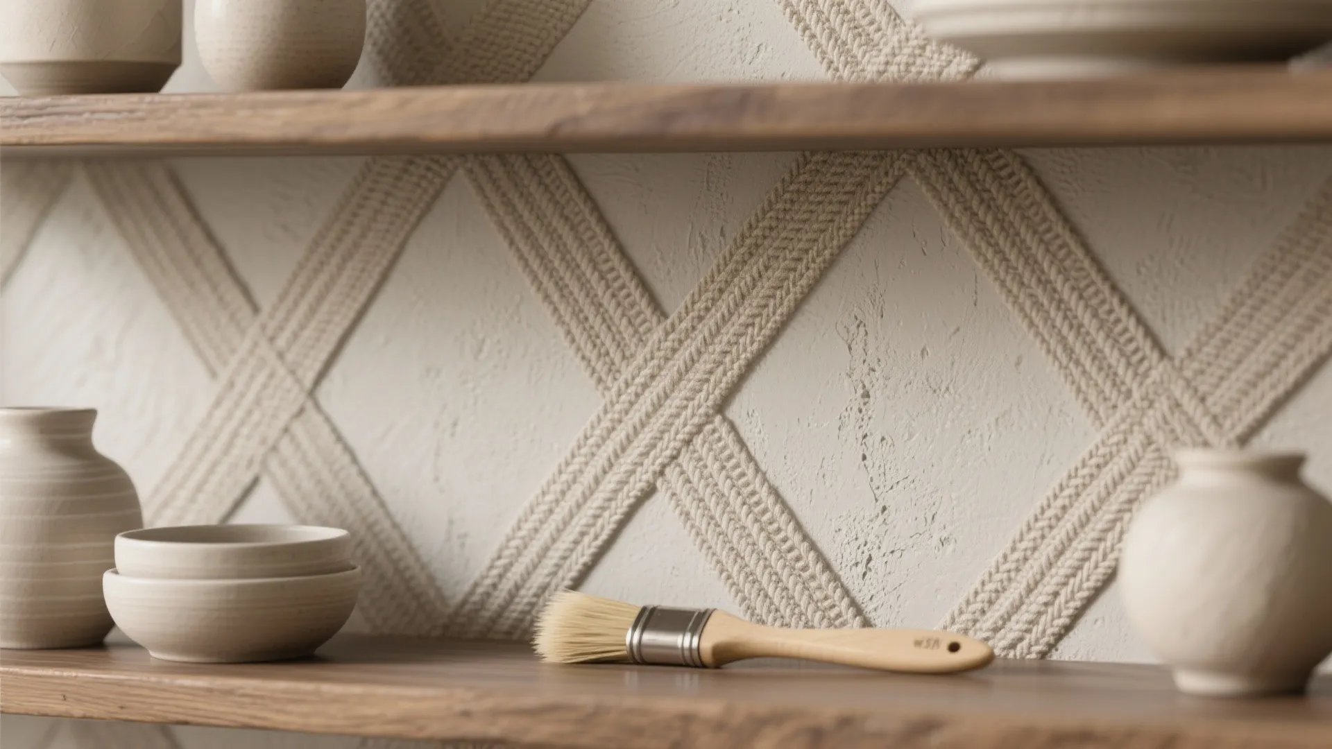 Close up of wooden wall shelves with ceramic bowls and a small paint brush inside