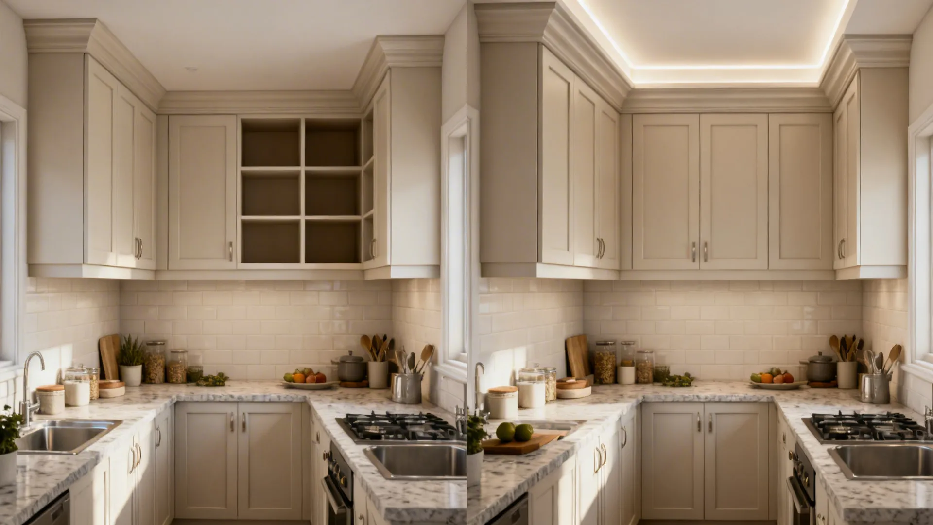 Before-and-after showing cabinets updated with ceiling fillers and crown for a built-in look.