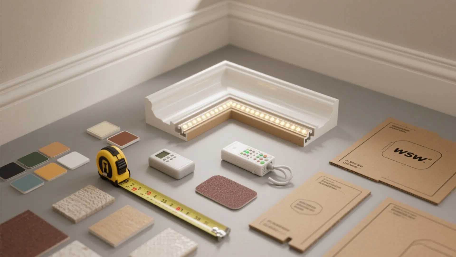 Top-down flatlay of crown molding samples, paint chips, LED strip, measuring tape and mockup materials for planning installations.
