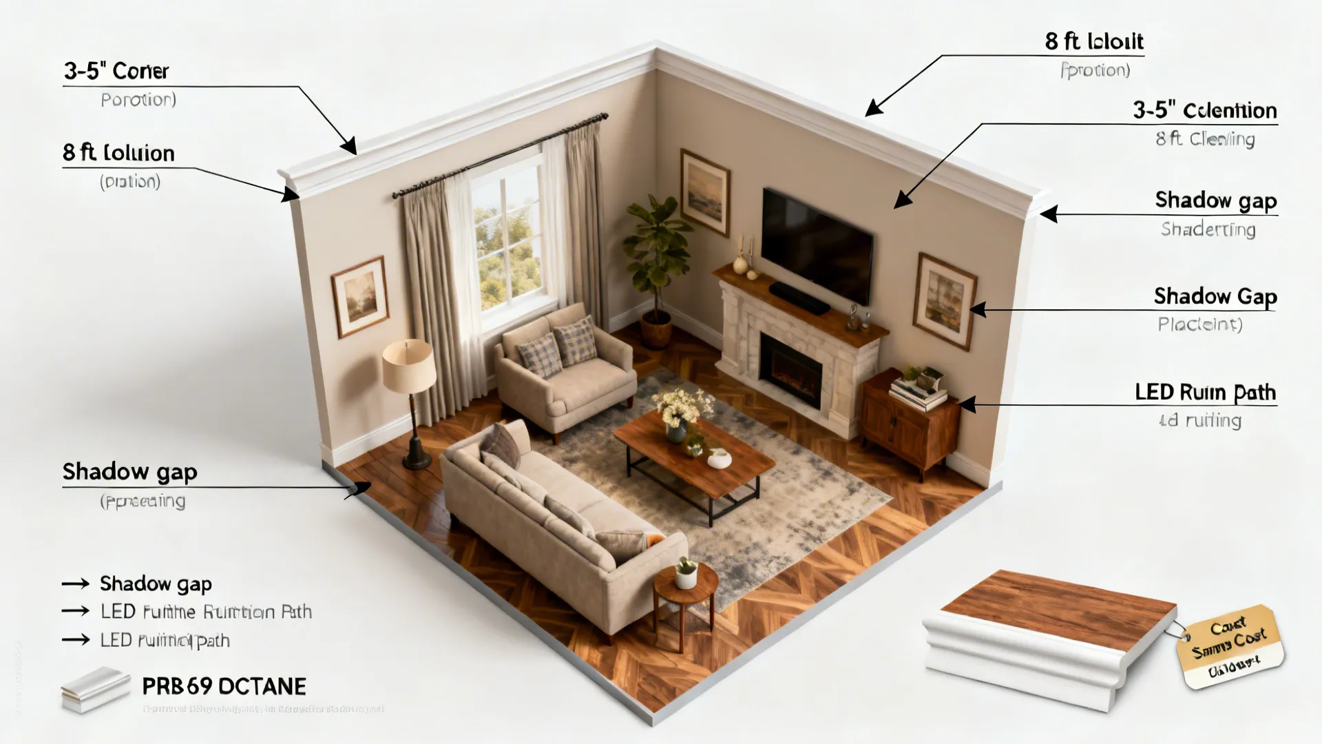 Top-down living room plan illustrating crown molding profile choices, proportions, and LED routing notes.