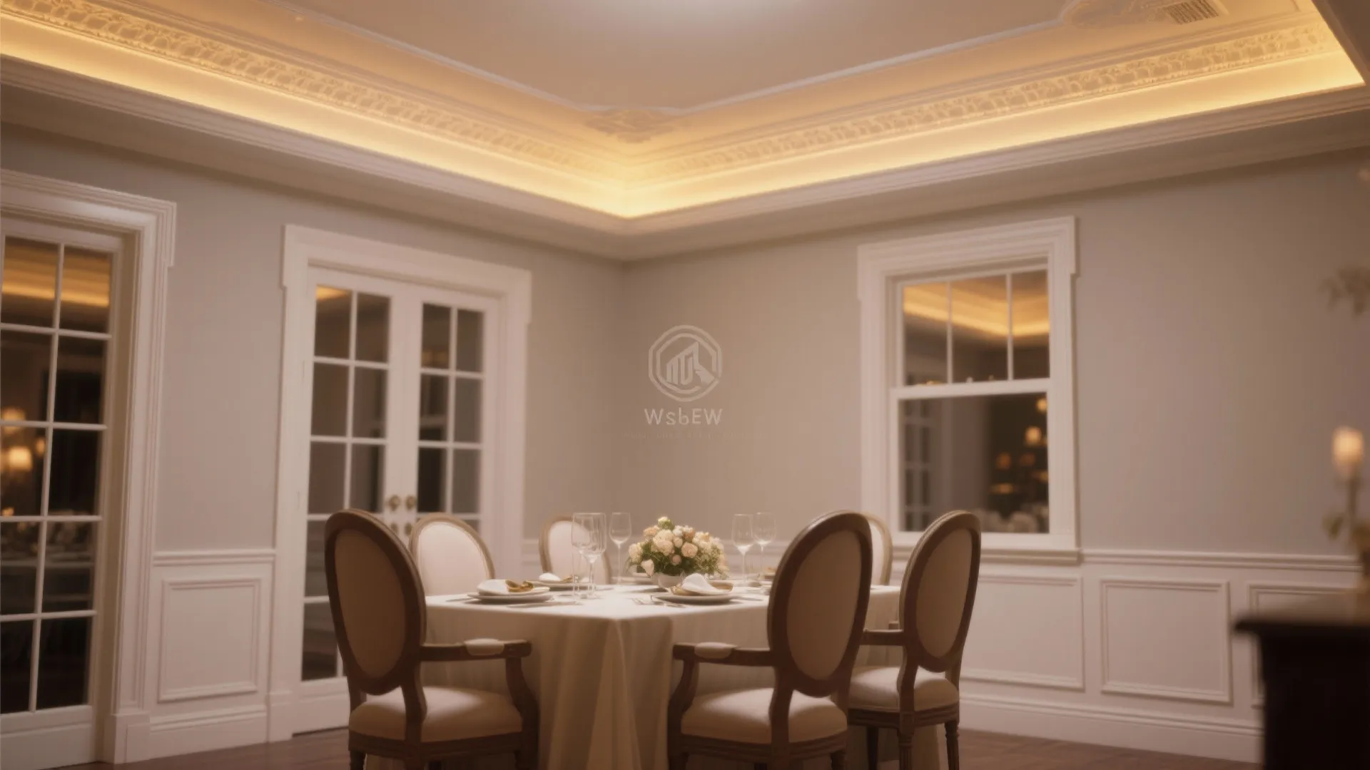 Elegant dining room with white wall panel design warm ceiling light and classical wooden chairs