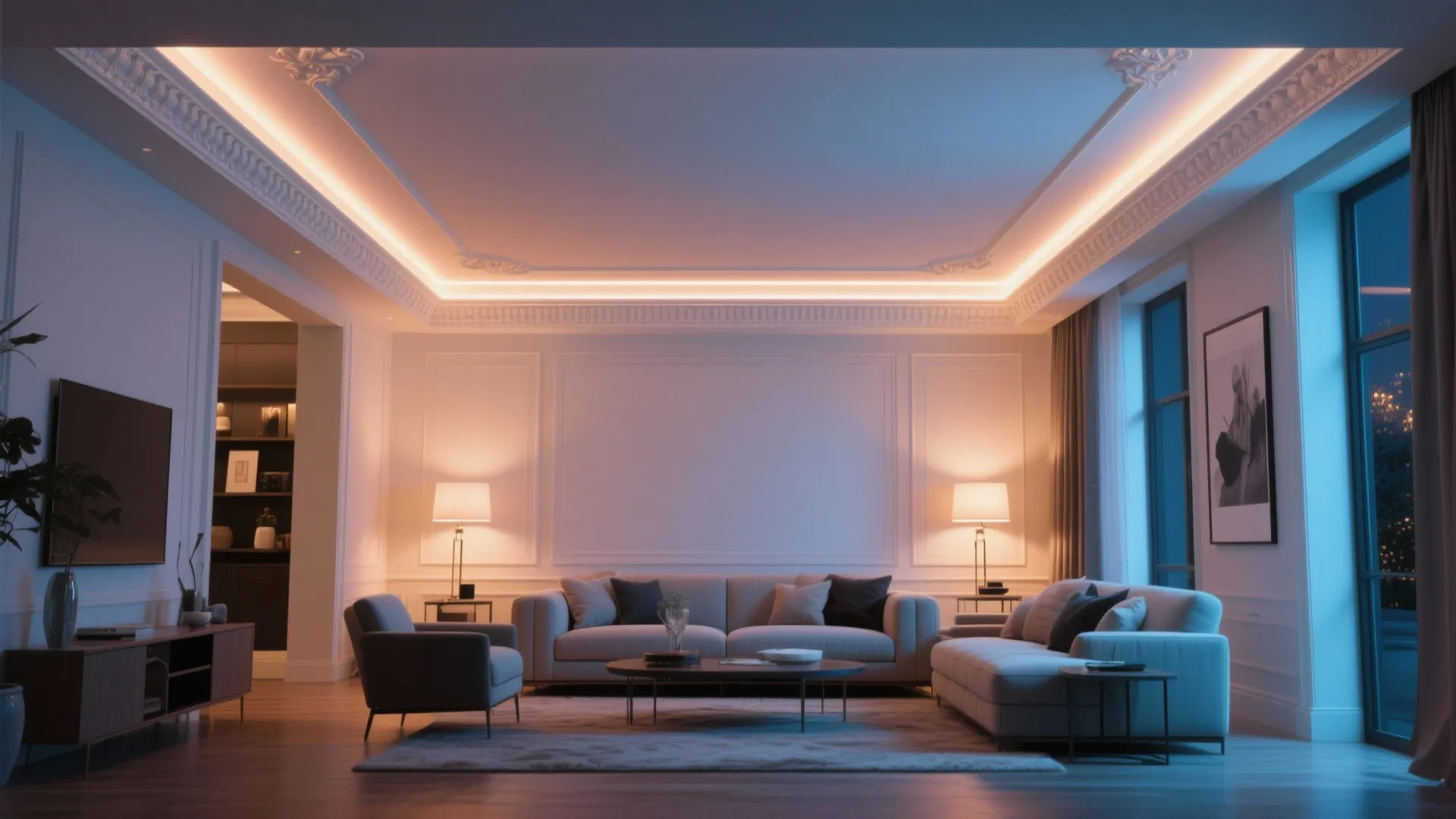 Modern living room with glowing ceiling light fixtures grey sofas wooden floor and large windows
