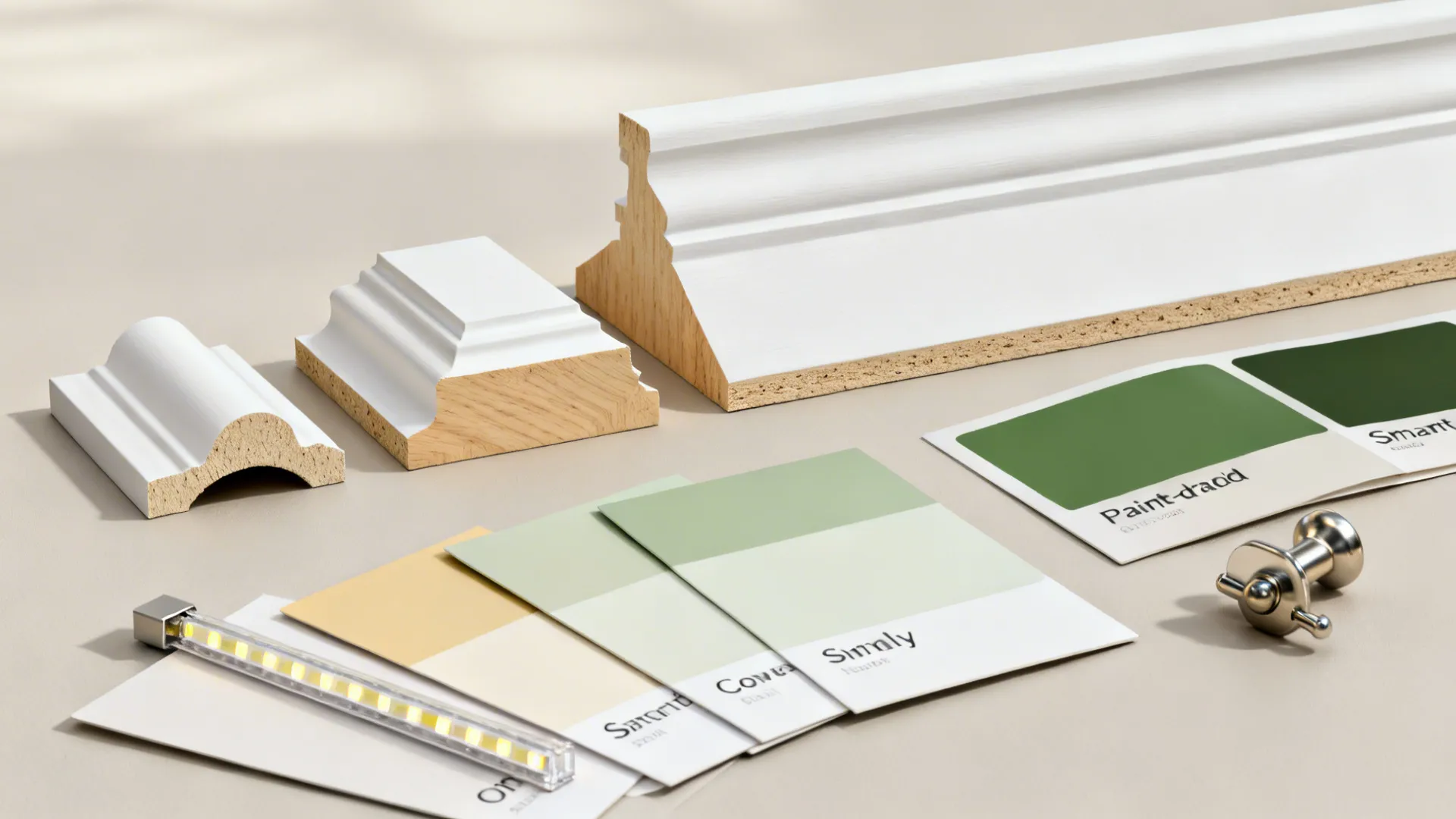 Flat lay of crown molding profiles, paint swatches, LED strip, and hardware for kitchen cabinets.