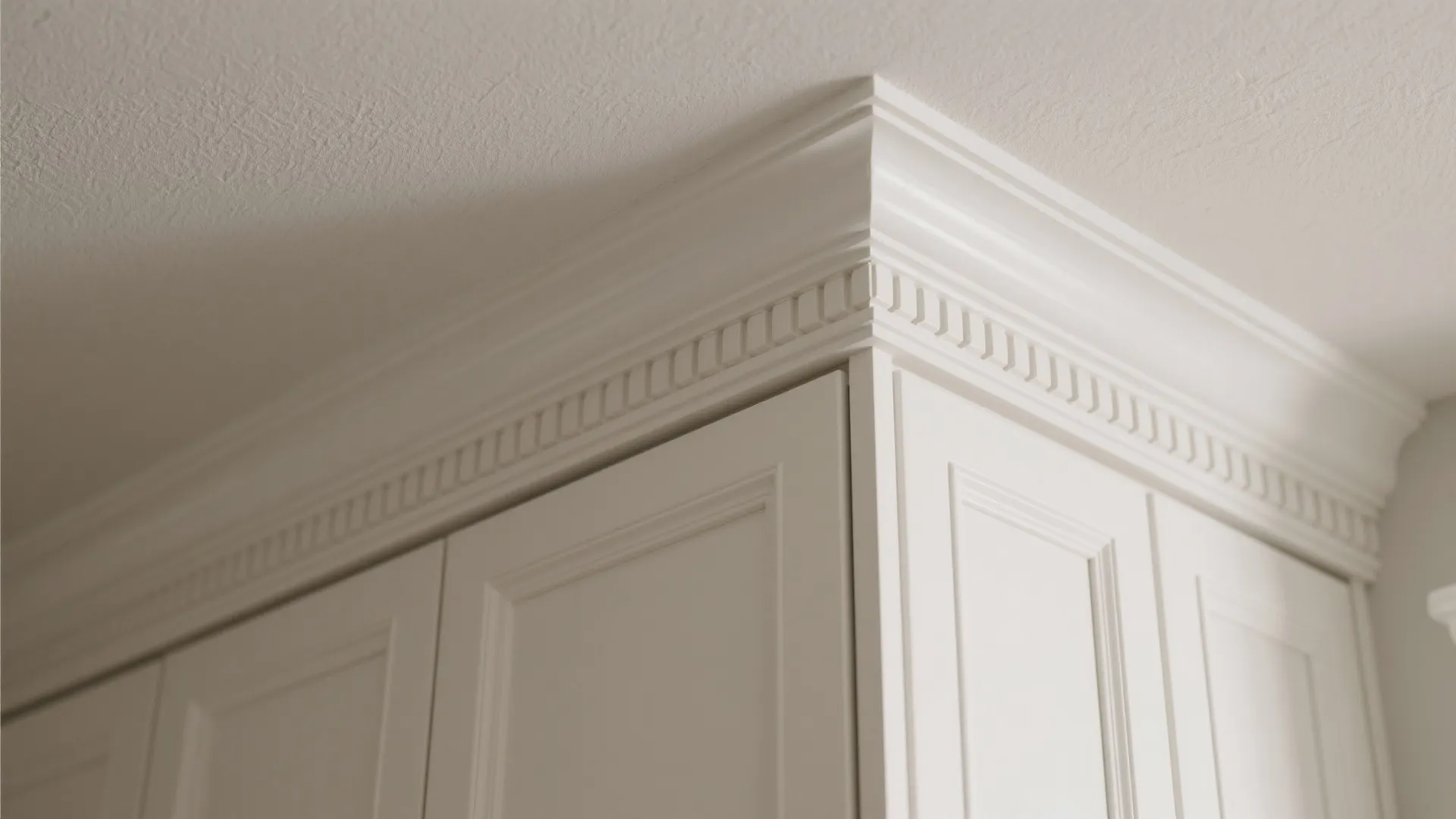 Close up view of white decorative border on top of kitchen cabinet near the white ceiling