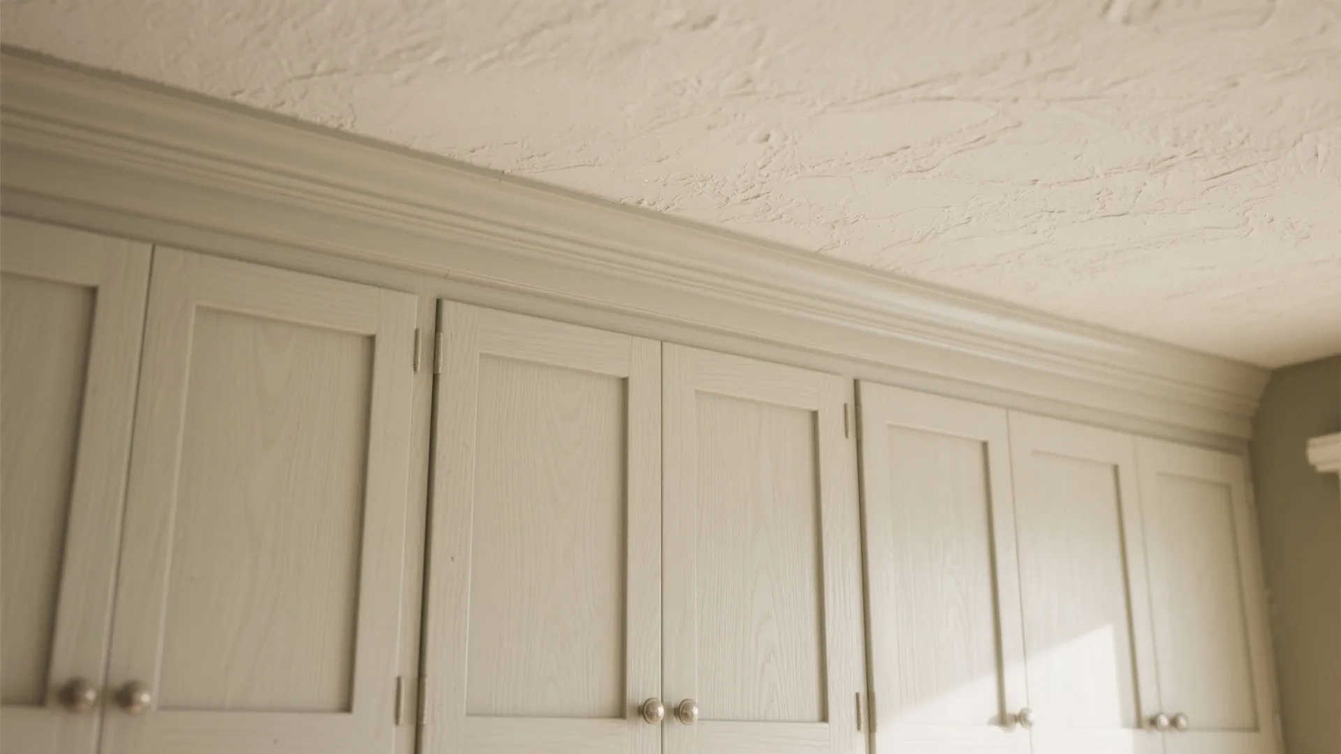 Close up view of light grey wooden storage cabinets with decorative trim against white ceiling