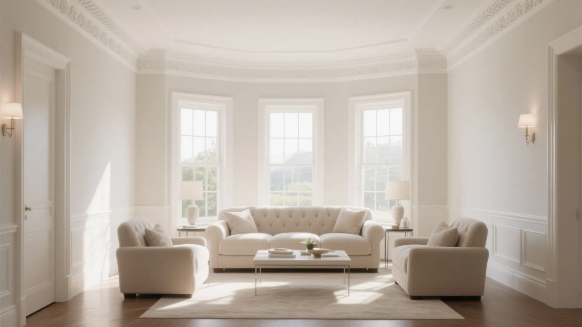Bright white living room with three windows white sofa two armchairs and elegant ceiling molding