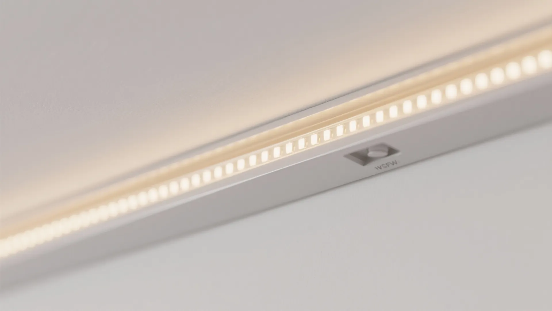 Macro of a slim crown profile with LED strip and diffuser creating a soft ceiling halo.