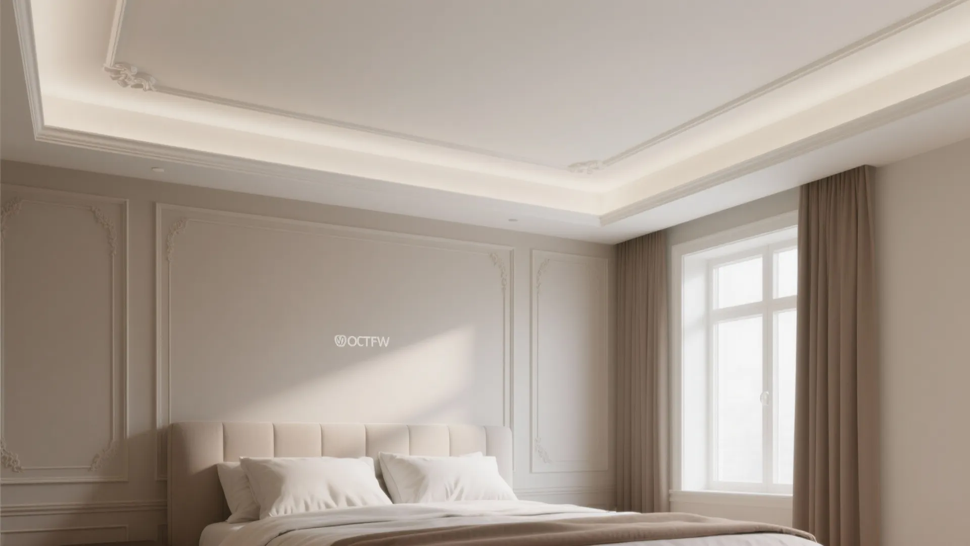 Modern bedroom with wall panel details hidden ceiling light brown curtains and large bright windows