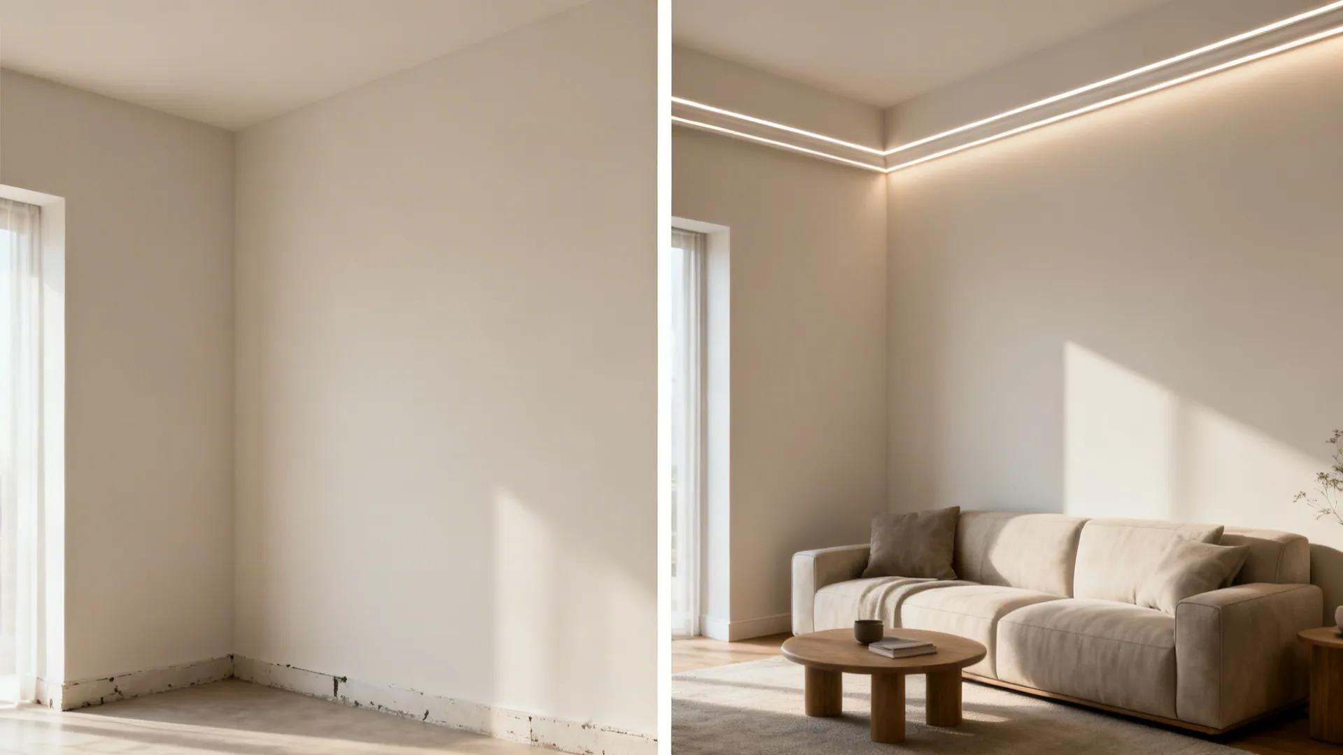 Before-after comparison showing the clean effect of slim crown and a shadow gap.