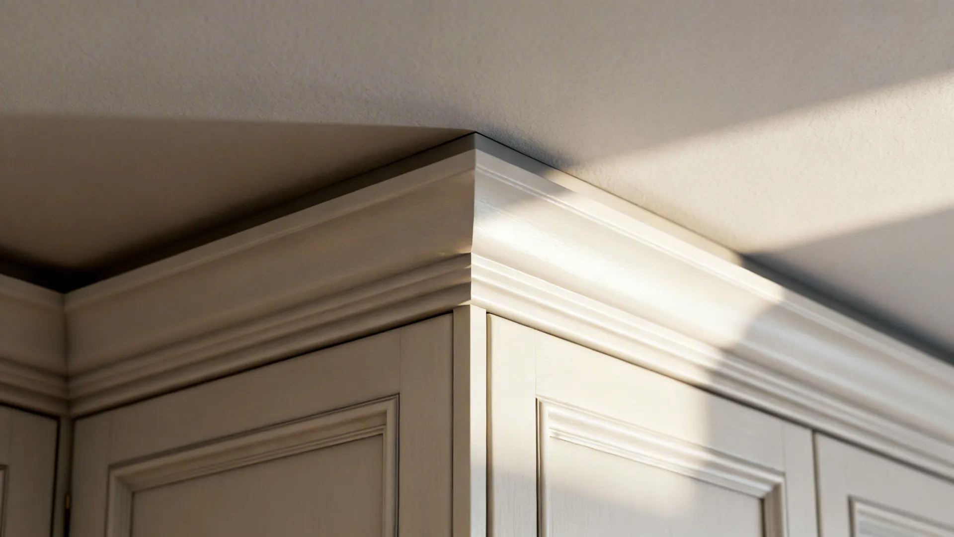Close-up of a precise shadow gap between cabinet crown and ceiling.