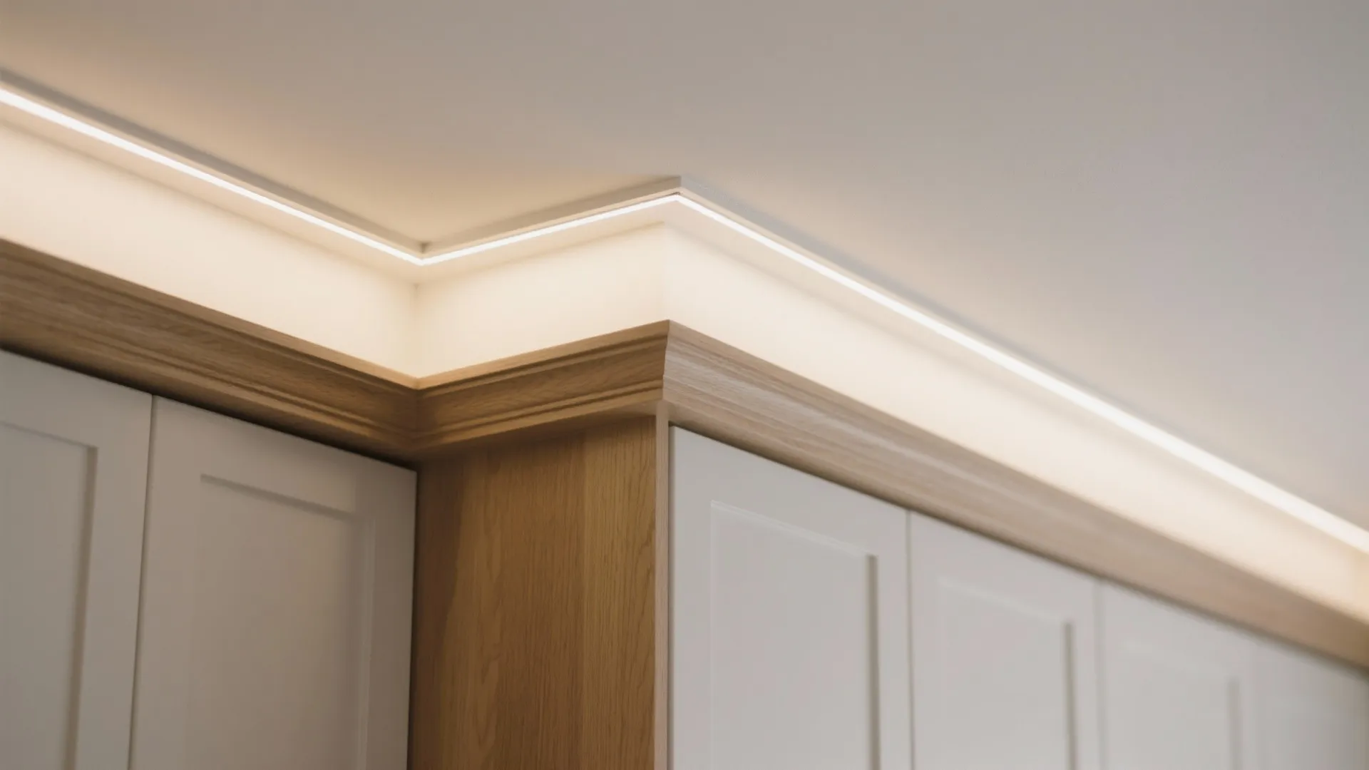 Close up of white kitchen cabinet with wooden trim and hidden bright led light fixture
