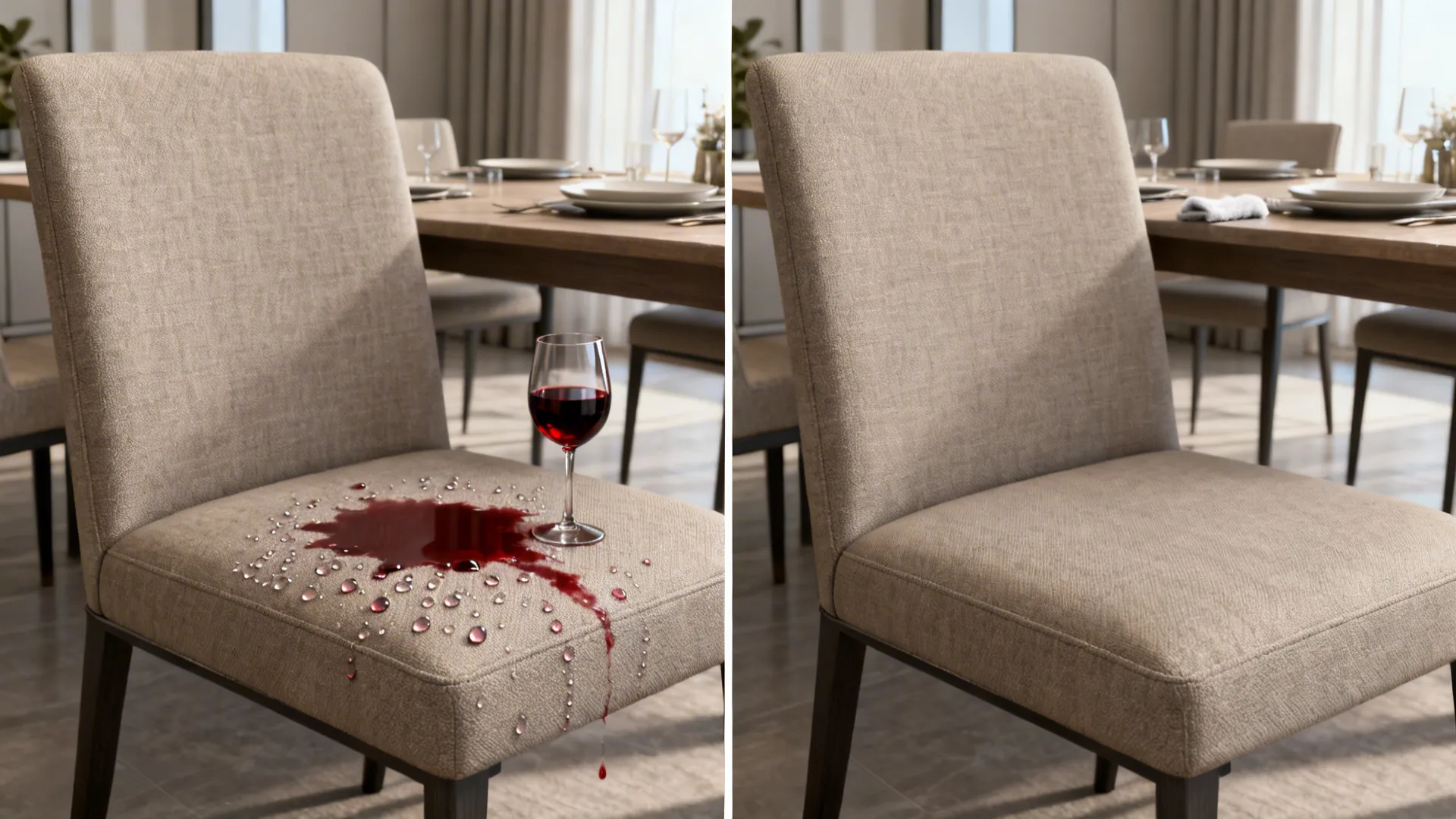 Red wine beads on performance-finished fabric and the same chair clean after wiping.