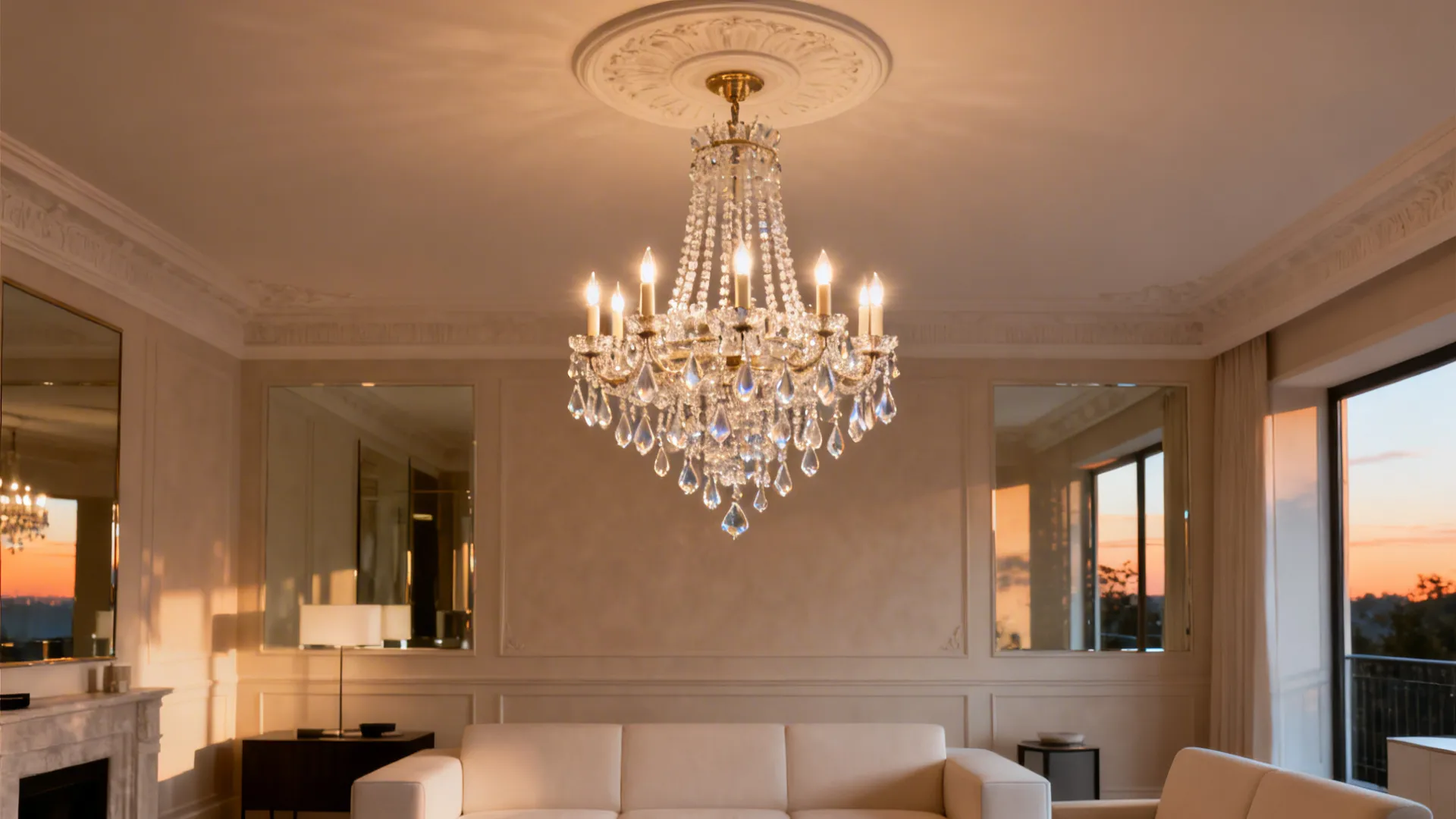 Crystal cascade jhoomar sparkling from a ceiling medallion above a modern low-profile living room.