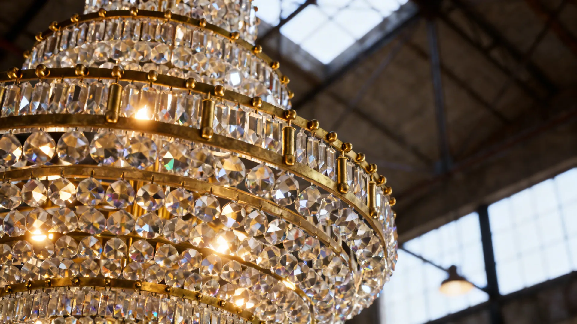 Close-up of layered crystal tiers and brass fittings on a multi-tiered chandelier reflecting warm daylight.