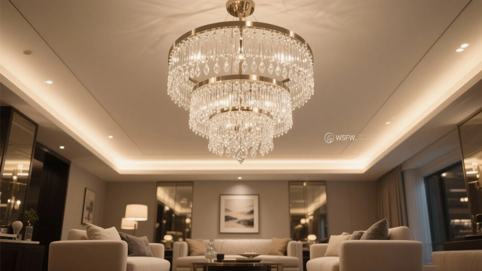 Low-ceiling living room with a shallow-drop crystal chandelier casting warm, sparkling light.