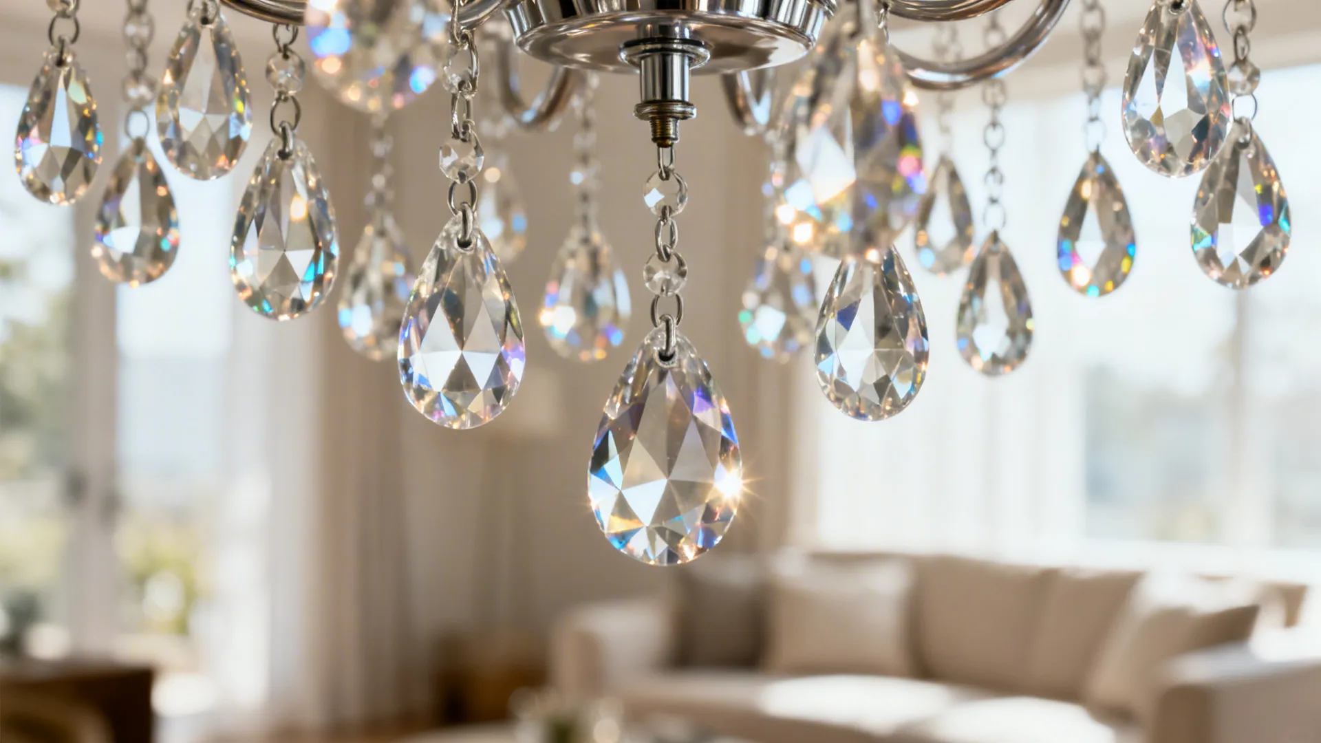 Close-up of faceted crystal drops on a chandelier with warm prismatic highlights.