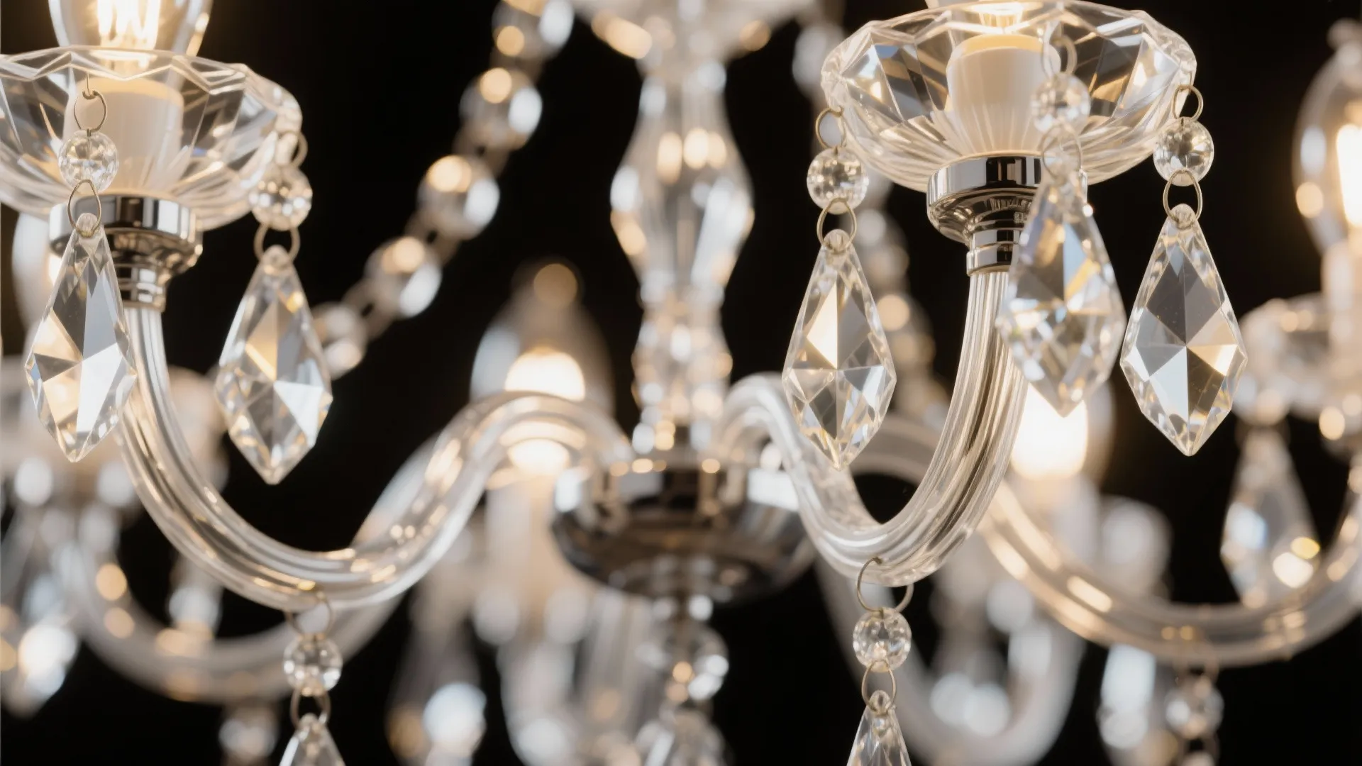 Close-up of K9 crystal prisms and LED filament bulbs on a mini chandelier.