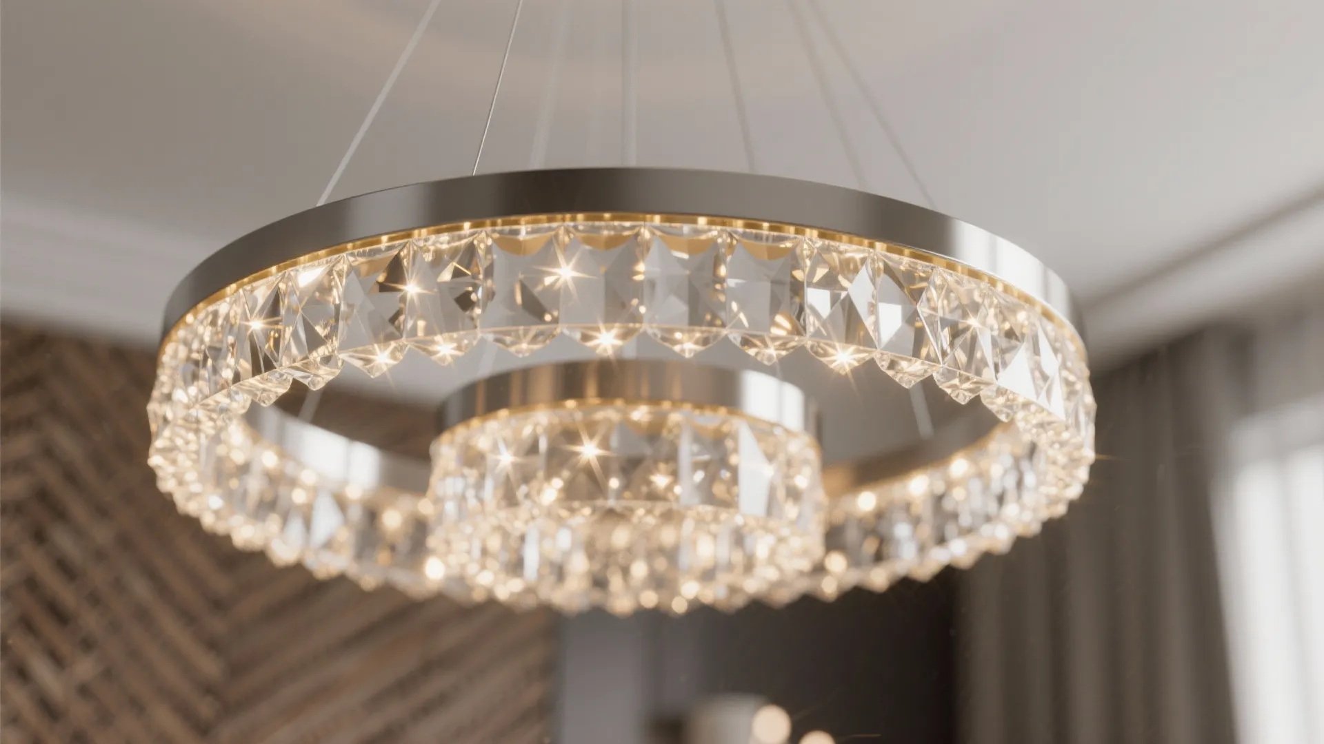 Round crystal ceiling light fixture with shining metal frame hanging in a modern home interior