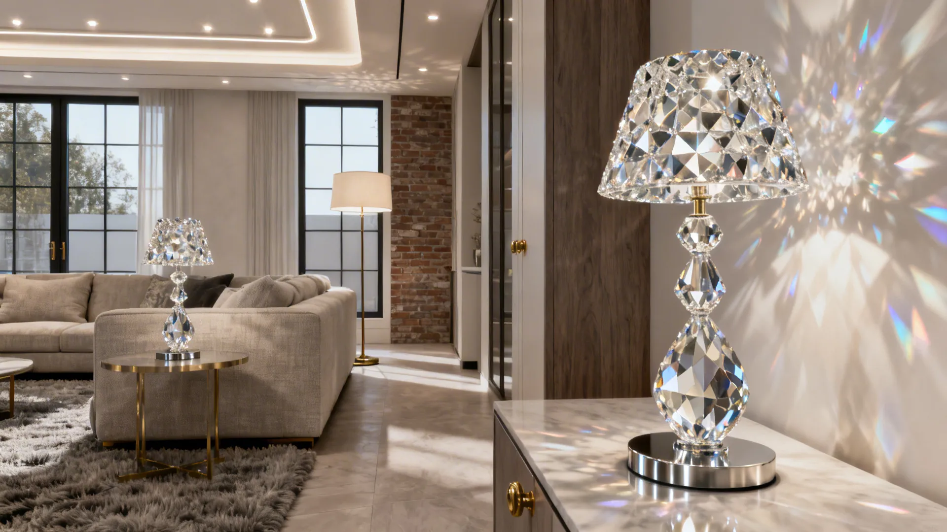 Modern living room where crystal table lamps bridge classic glamour and contemporary minimalism, reflecting light across textures.