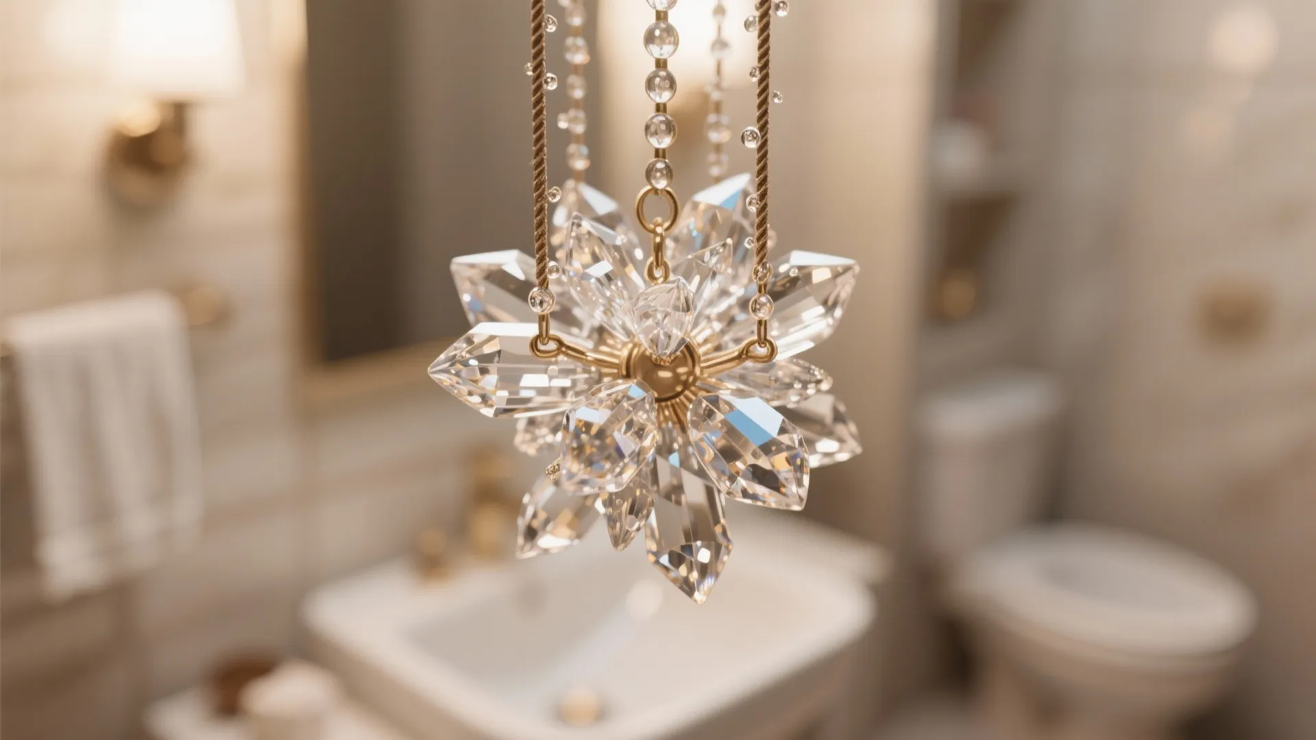 Close up of a flower shaped crystal ceiling light hanging in a modern white bathroom
