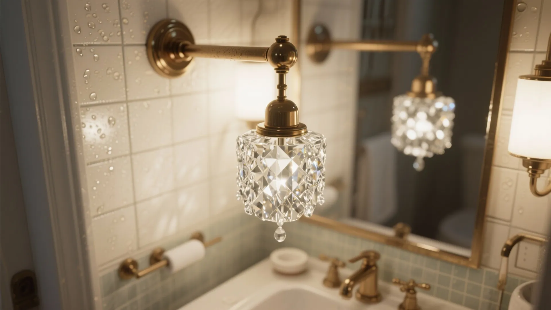 Close-up of a small crystal pendant over a vanity with the mirror reflecting the light.