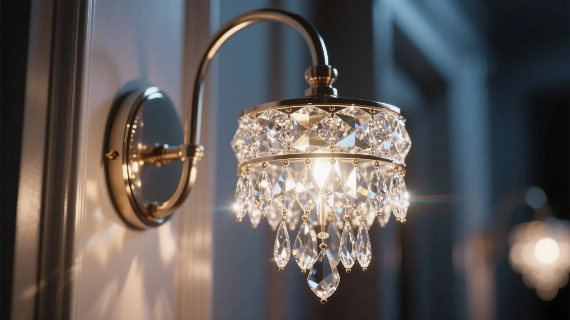 Macro view of a crystal drop sconce capturing light reflections and delicate metalwork.