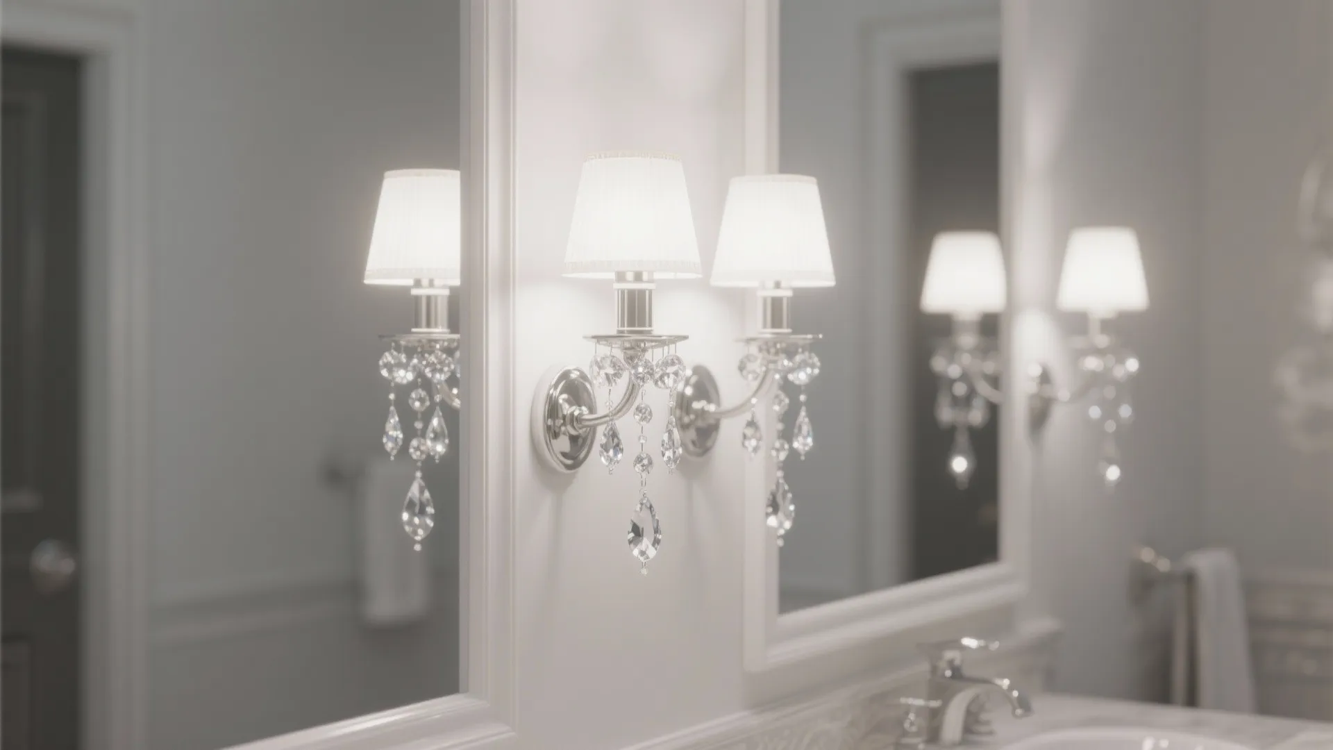 Bathroom vanity lights with crystal drop accents above mirror