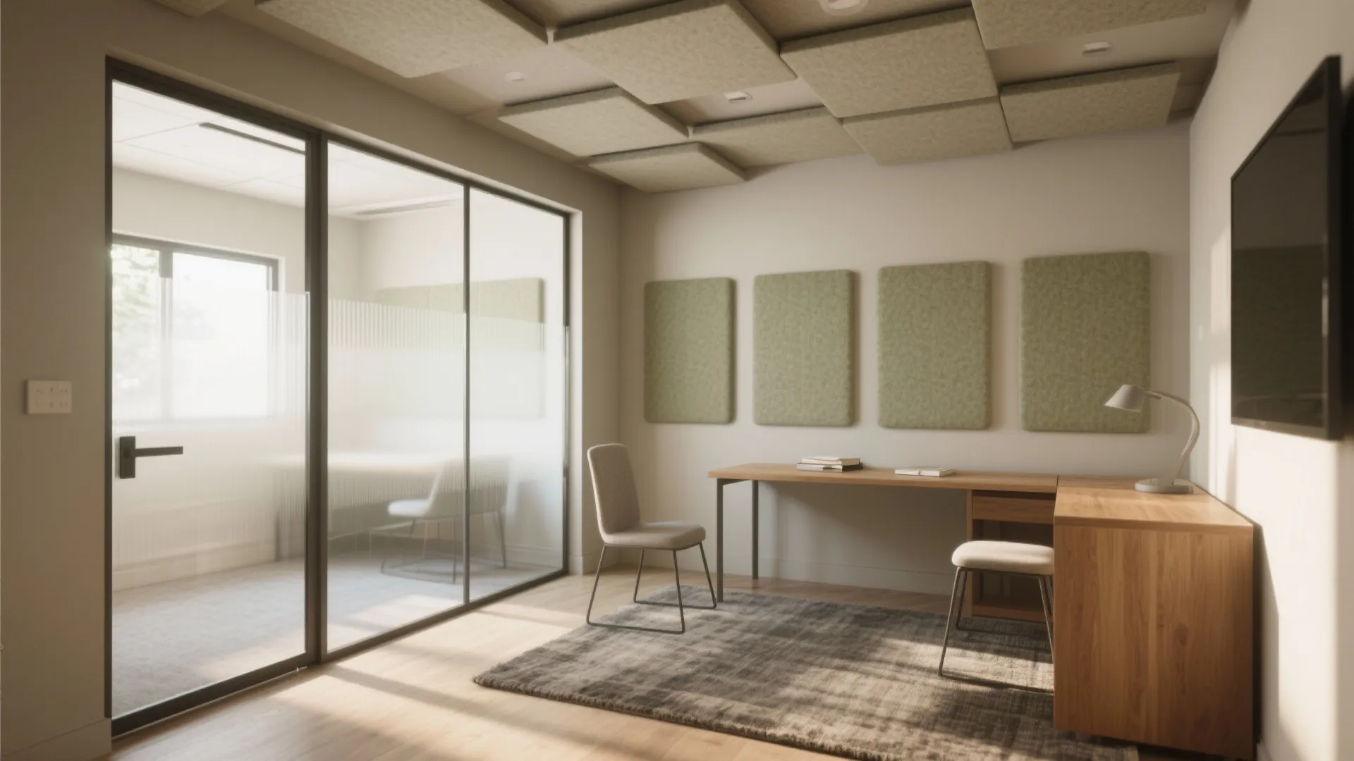 Small study room with sliding glass, PET acoustic panels, ceiling baffles, and a rug for controlled, quiet collaboration.