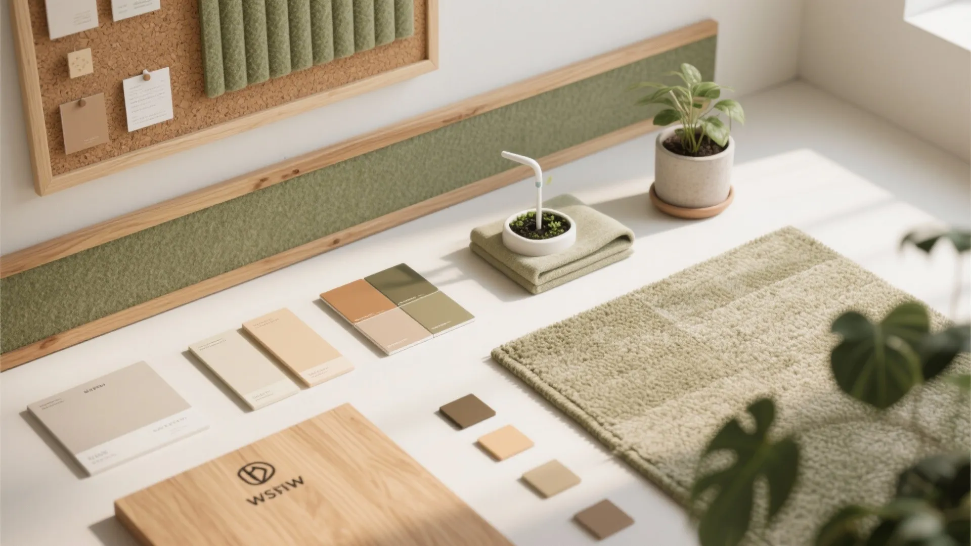 Flat lay of oak veneer, cork, PET felt, fabric swatches, matte paint chips, rug sample, and a small planter in sage tones.