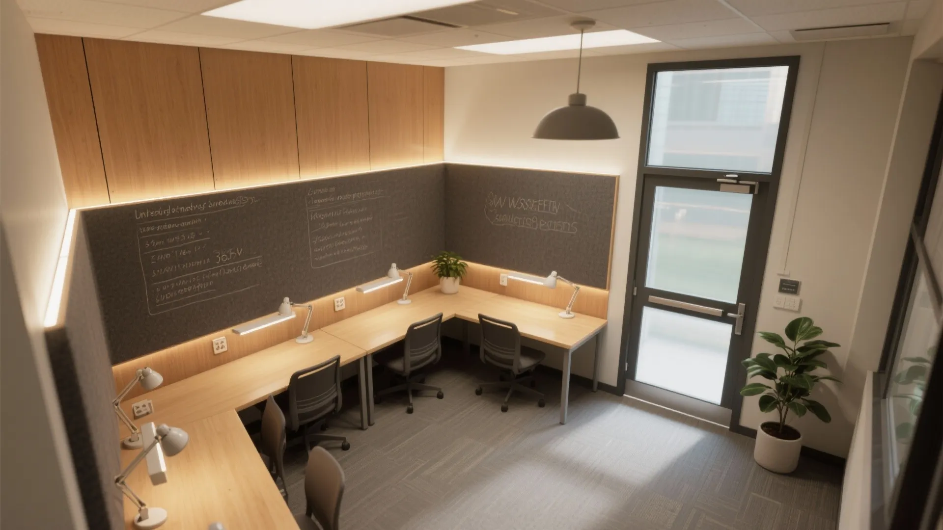 Top-down study room layout showing an L-shaped desk, clear circulation, writable wall, layered lighting, and a sealed glass entry.
