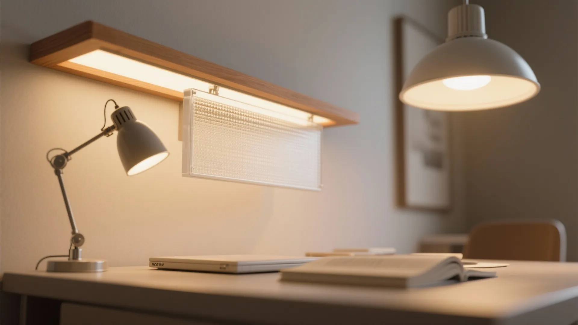 Macro view of an edge-lit LED panel with microprismatic diffuser and a warm task lamp creating low-glare layered lighting.