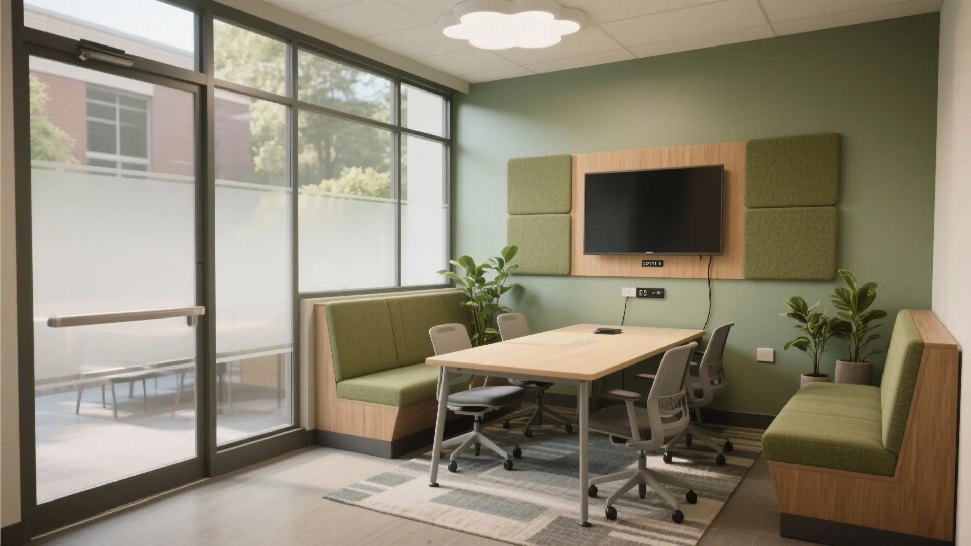Modern meeting room featuring green walls wooden table grey chairs television and large bright windows