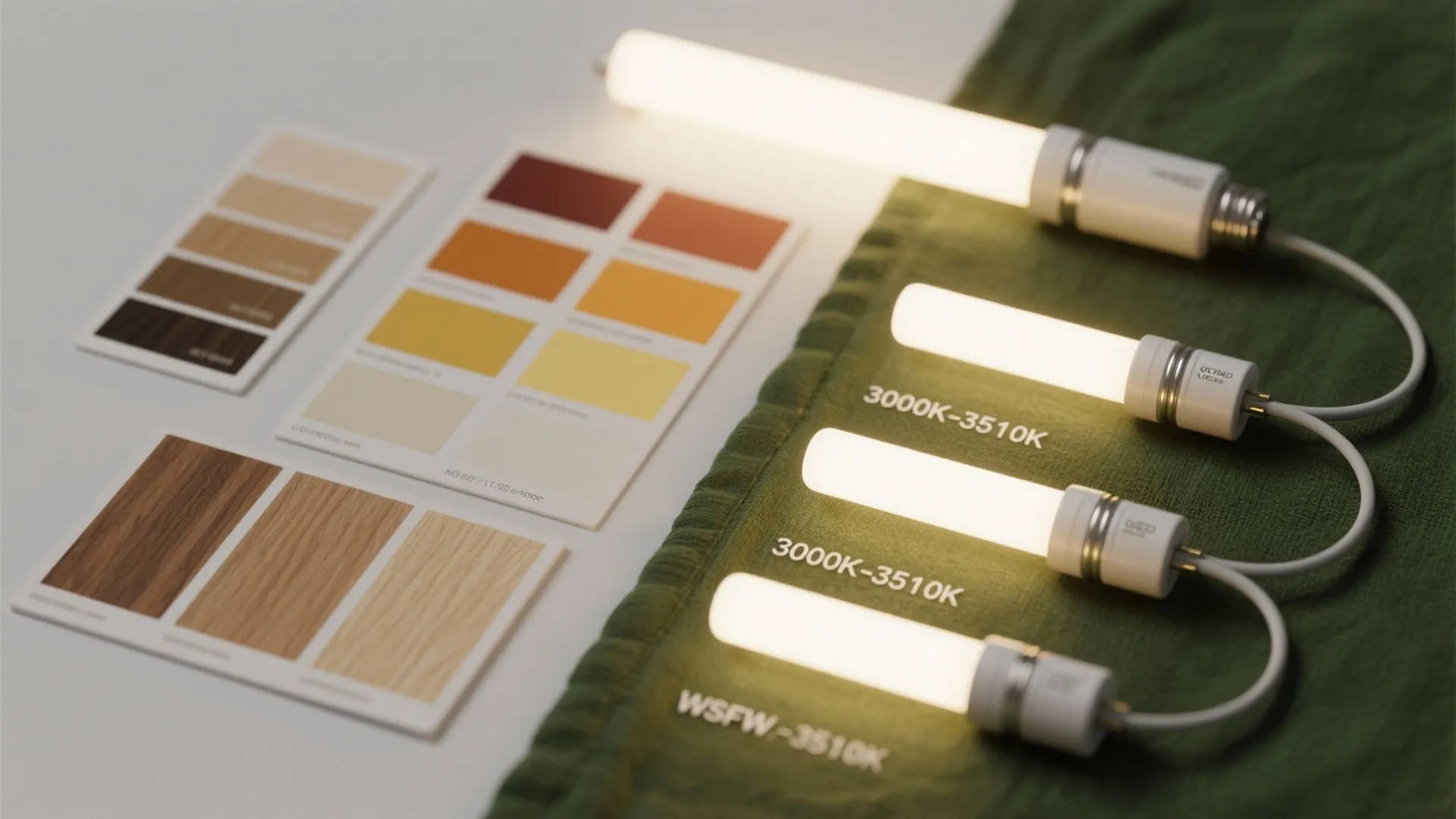 Comparison of different light fixture color temperatures with wood and color swatches for interior design