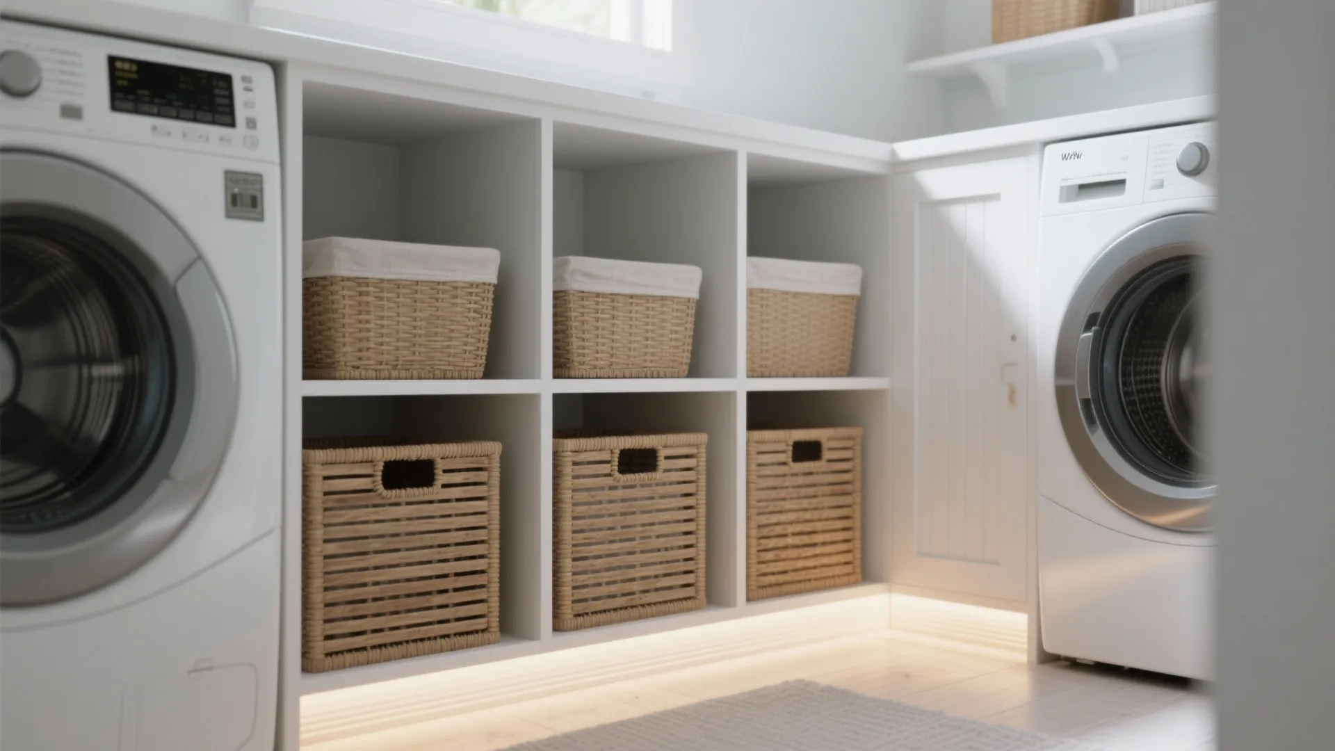 White laundry room cabinets with woven baskets for storage organized between two modern washing machines