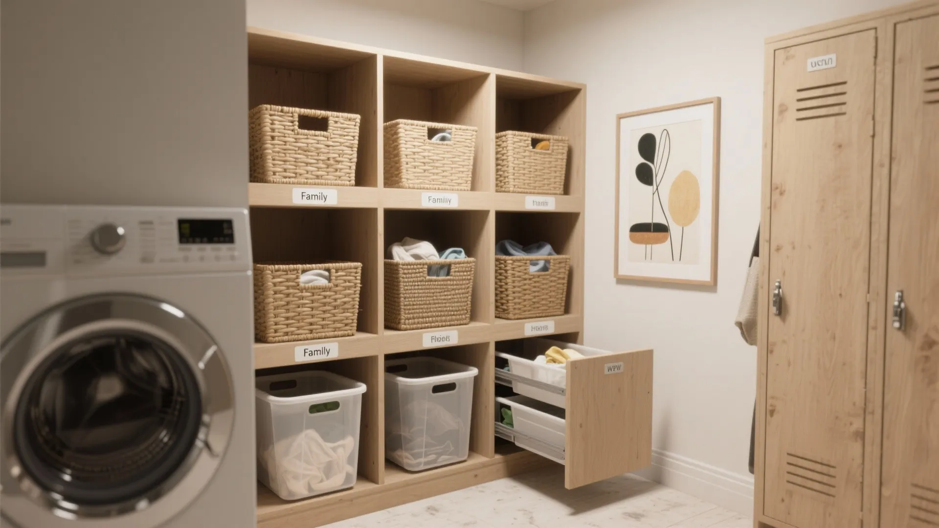 Laundry room with washing machine, wooden shelving unit, woven baskets, plastic bins, and tall cabinet