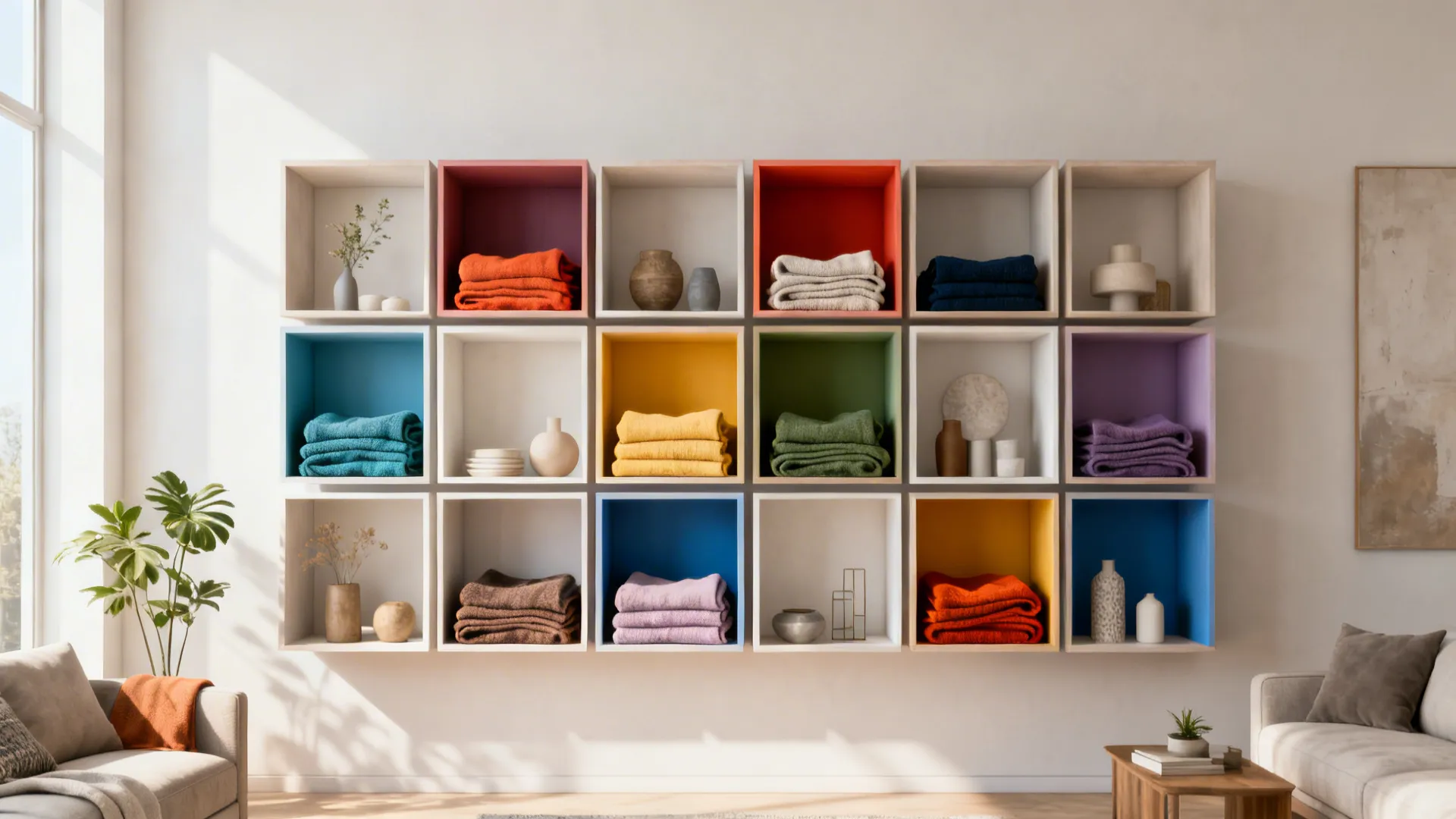 Shelved cubbies with color-coordinated folded throws and contrasting backs for visual impact.
