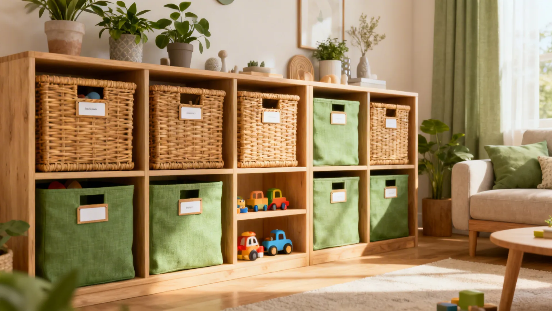 Open cubby wall with wicker and fabric baskets labeled for toy organization