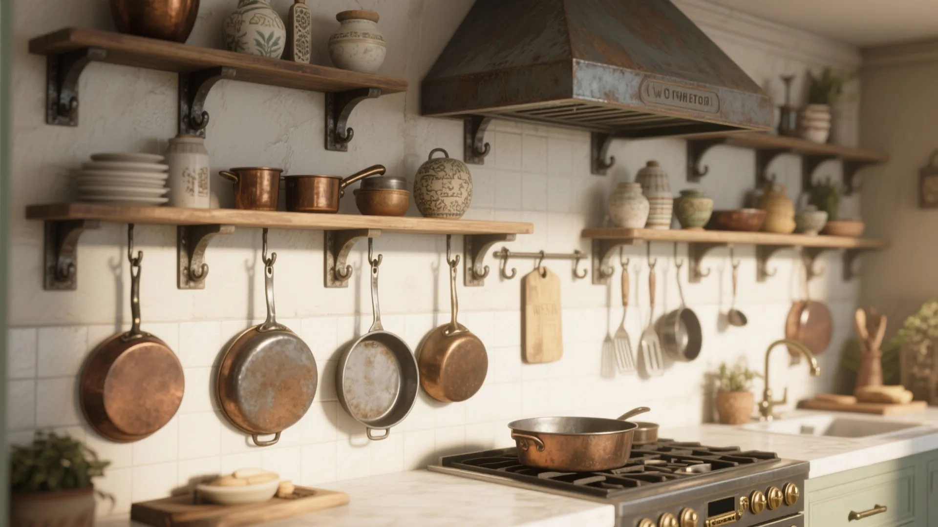 Rustic kitchen with copper pans hanging on wall wooden shelves and vintage style stove cooking area