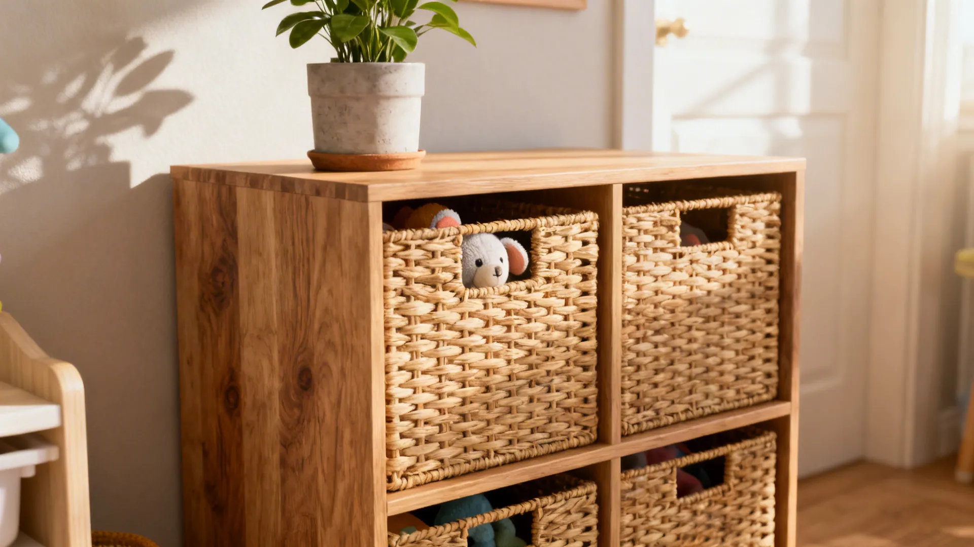 Wooden storage cabinet with square shelves holding woven baskets and a small green potted plant