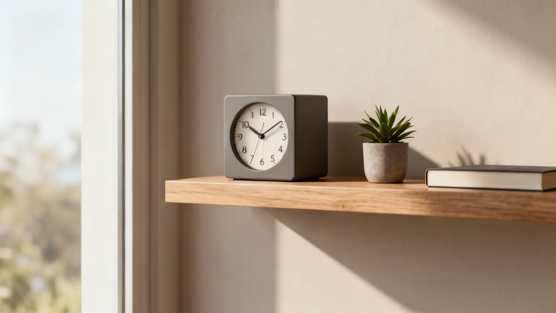 Minimalist cube clock on a floating shelf with a plant and book in a neutral living room