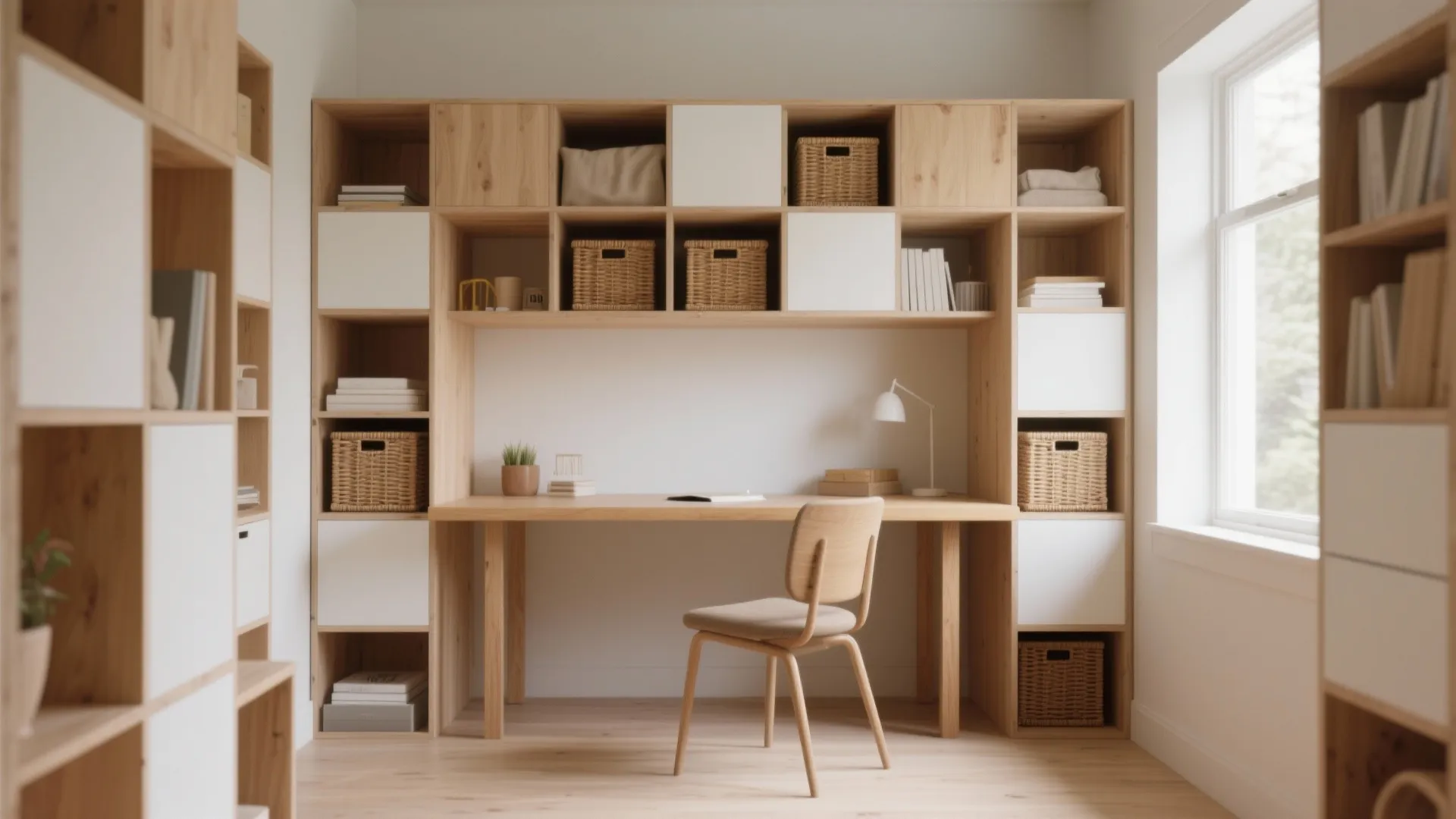 4. Desk framed by open cubes for display and storage
