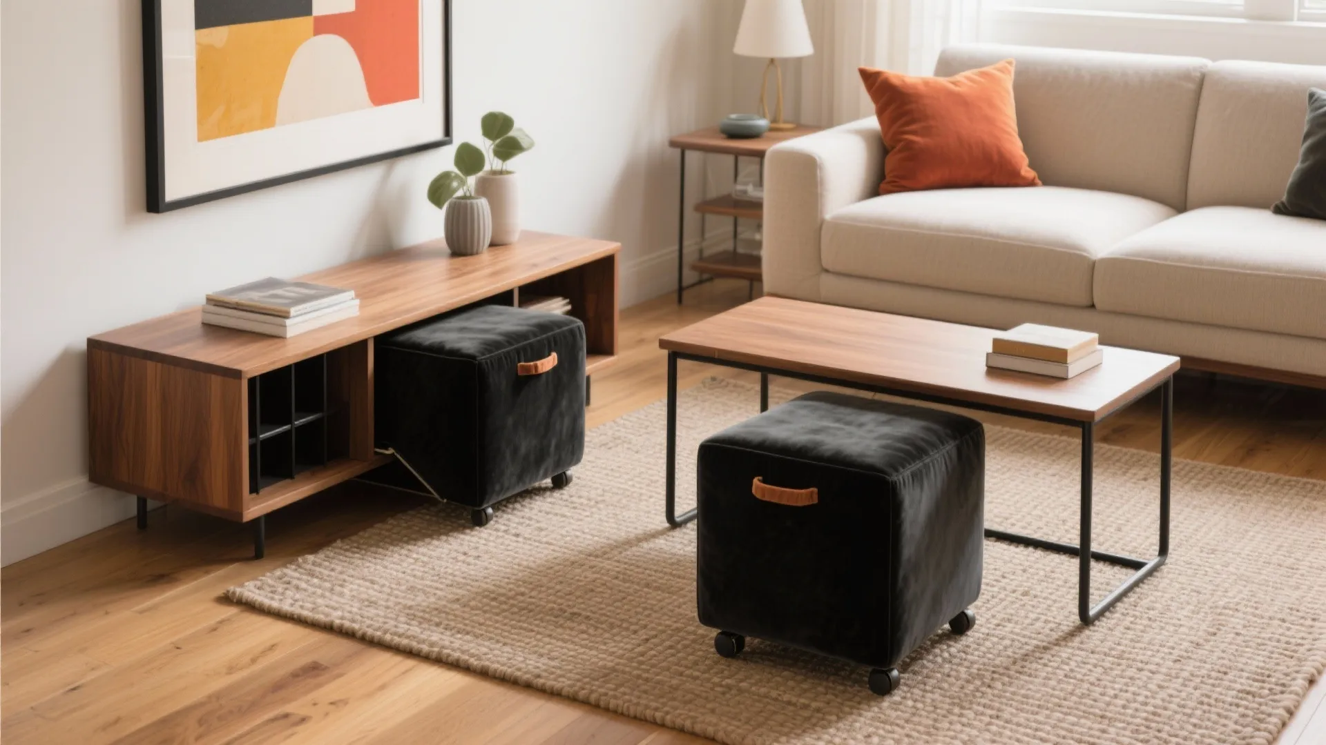 Modern living room featuring black cube footrest with wheels under a wooden coffee table layout