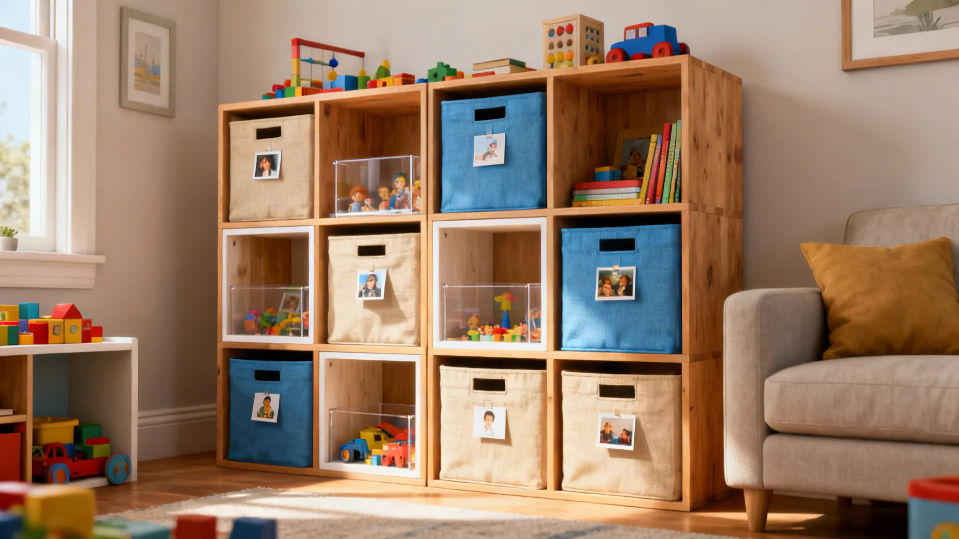 2. Modular cube shelving with bins