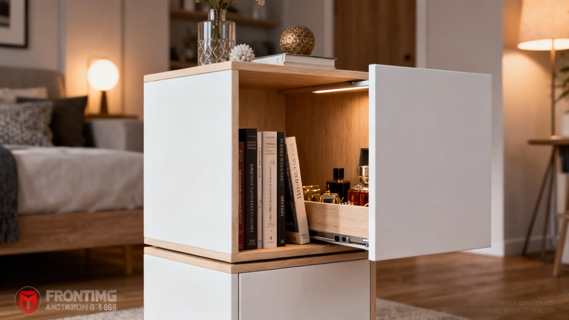 Modular cube side table with an open shelf for books and a hidden compartment for valuables.