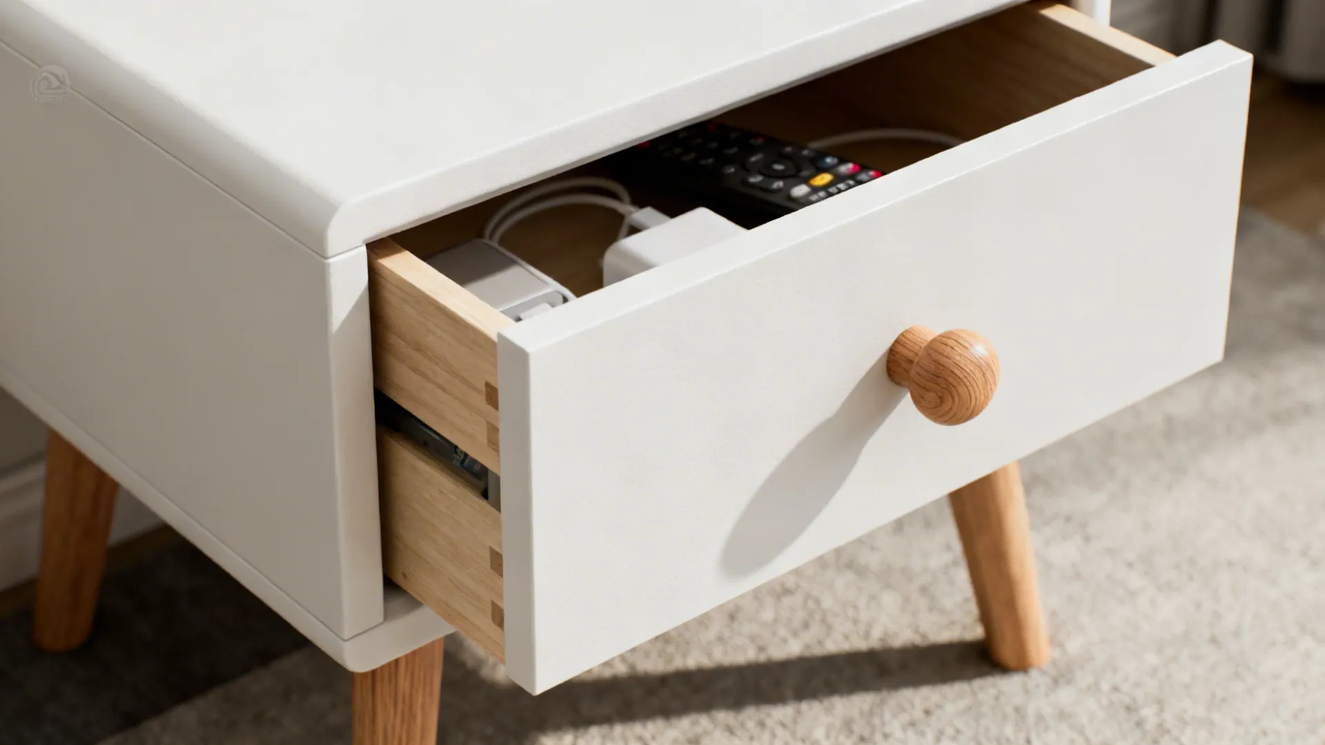 Macro view of a white cube storage end table with wood knobs and an open slot for remotes