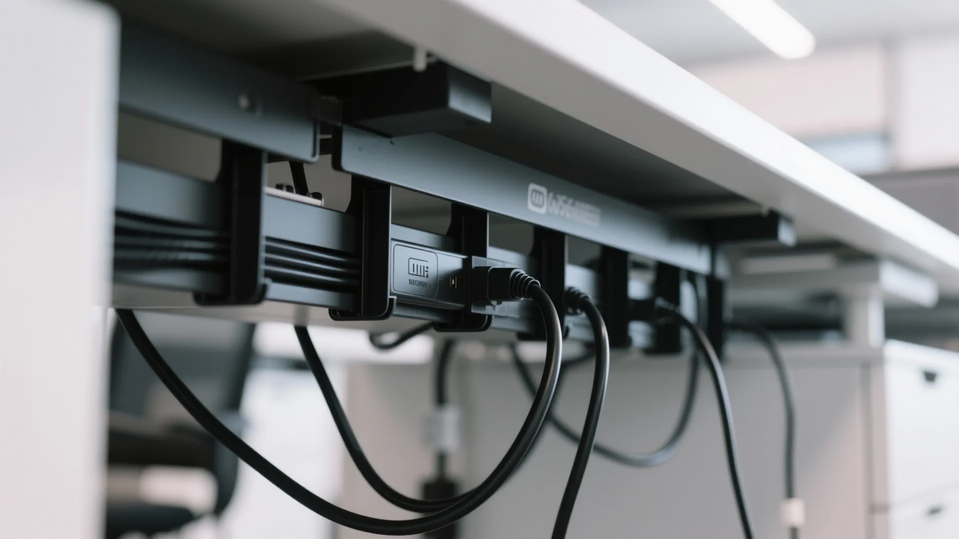 Black power strip under a white desk holding several electrical wires with plastic cable management