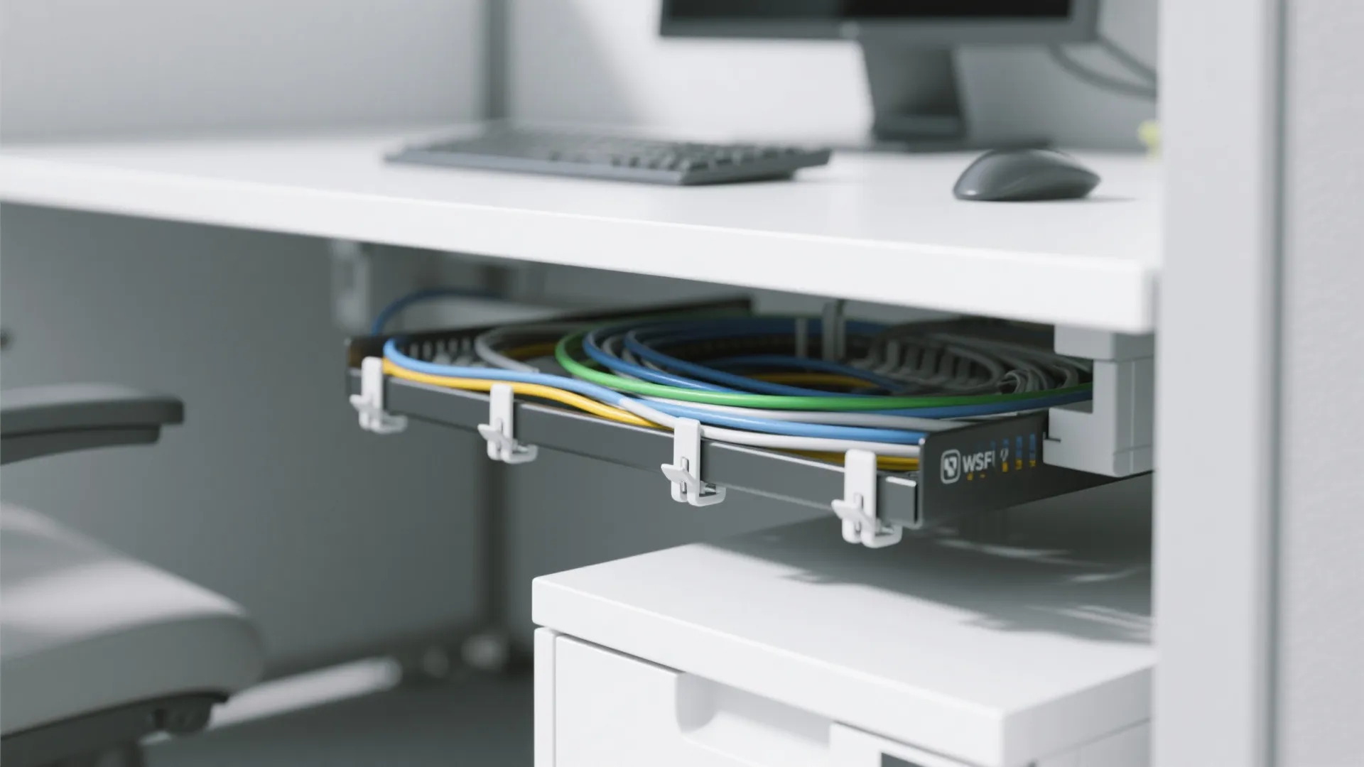 Modern white office desk with a black tray underneath holding neatly organized colorful power cables