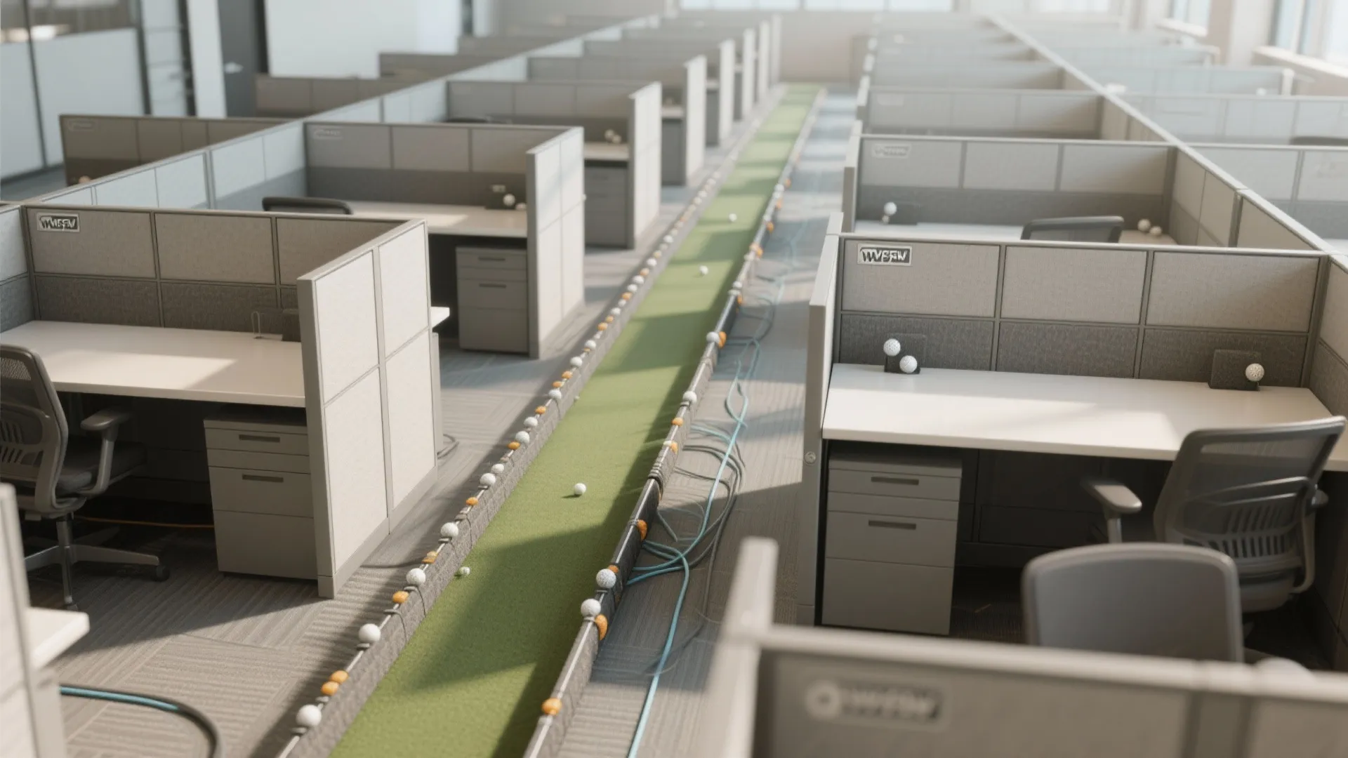 Office room layout with many grey work cubicles and a long green golf putting green