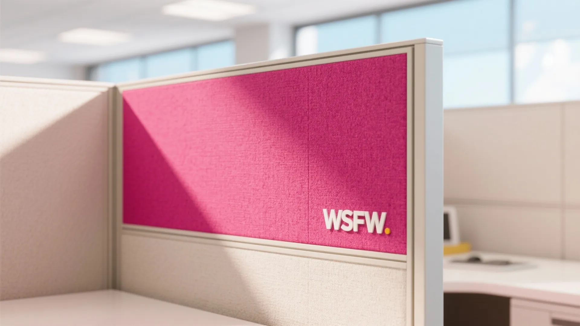 Office cubicle partition with bright pink fabric panel and white letters in modern bright office