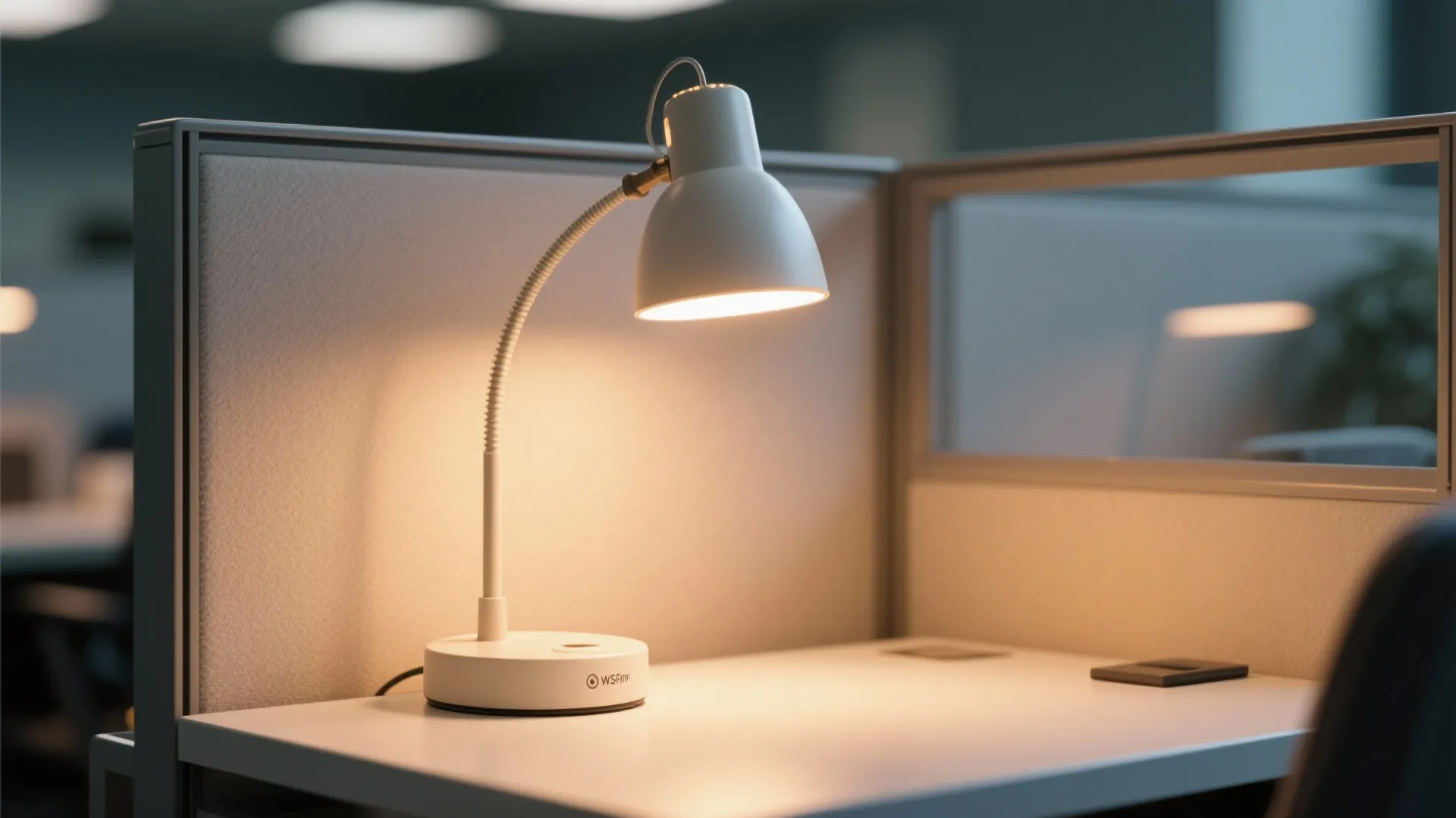 White adjustable desk lamp shining warm light on a clean office workstation with grey panels